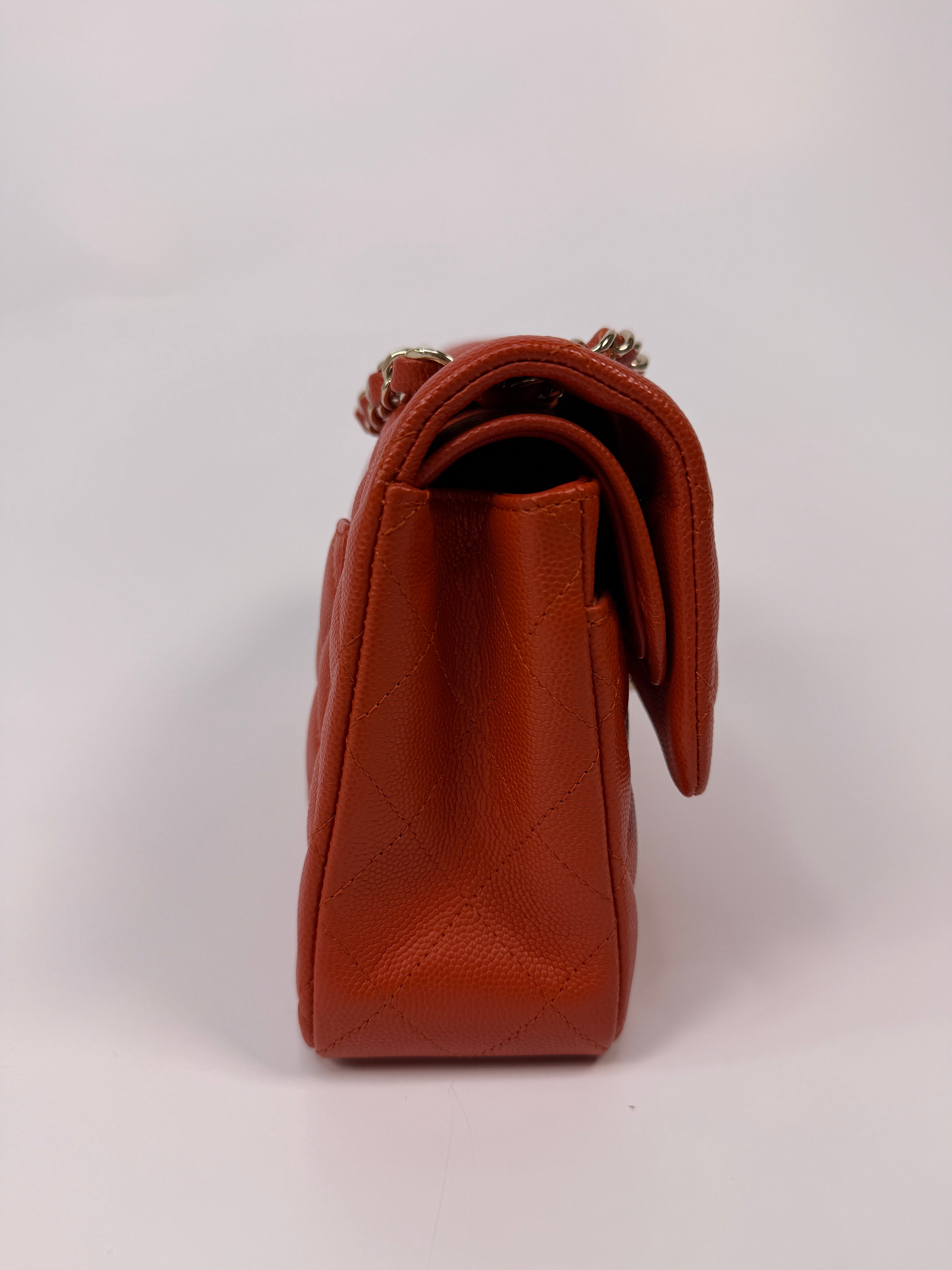 Chanel Small Classic Double Flap In Orange/Red Caviar Leather With PGHW