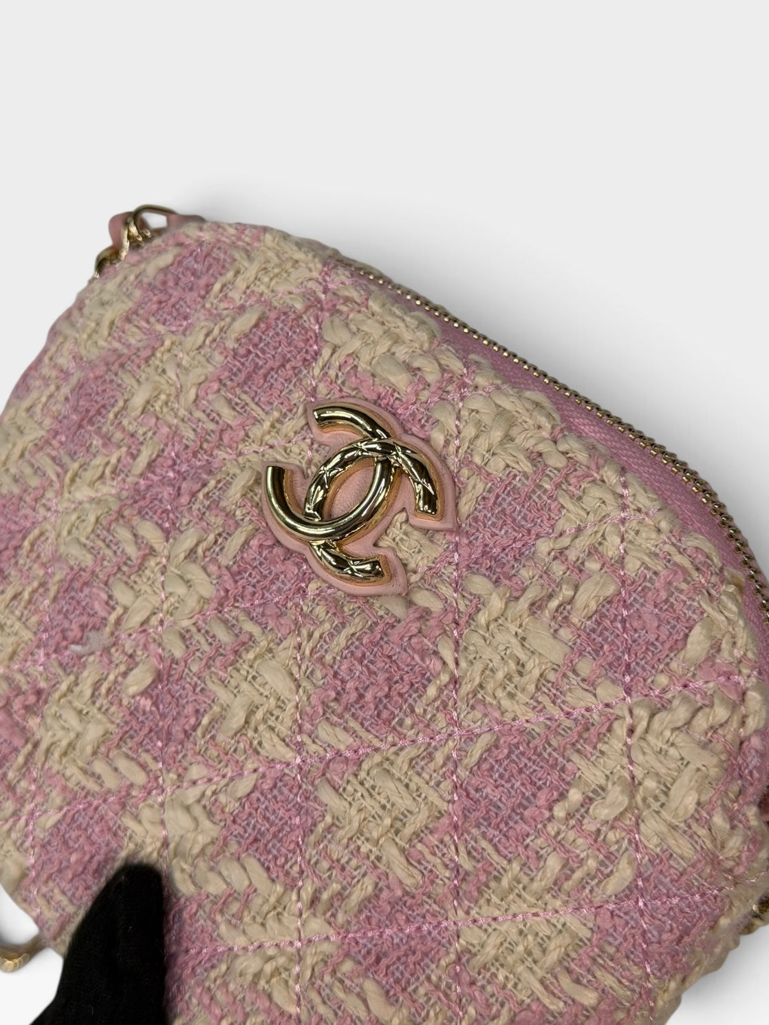 Chanel Mini Pouch On Chain Bag In Pink Tweed With Gold Hardware. 100% authentic and preloved in excellent condition.