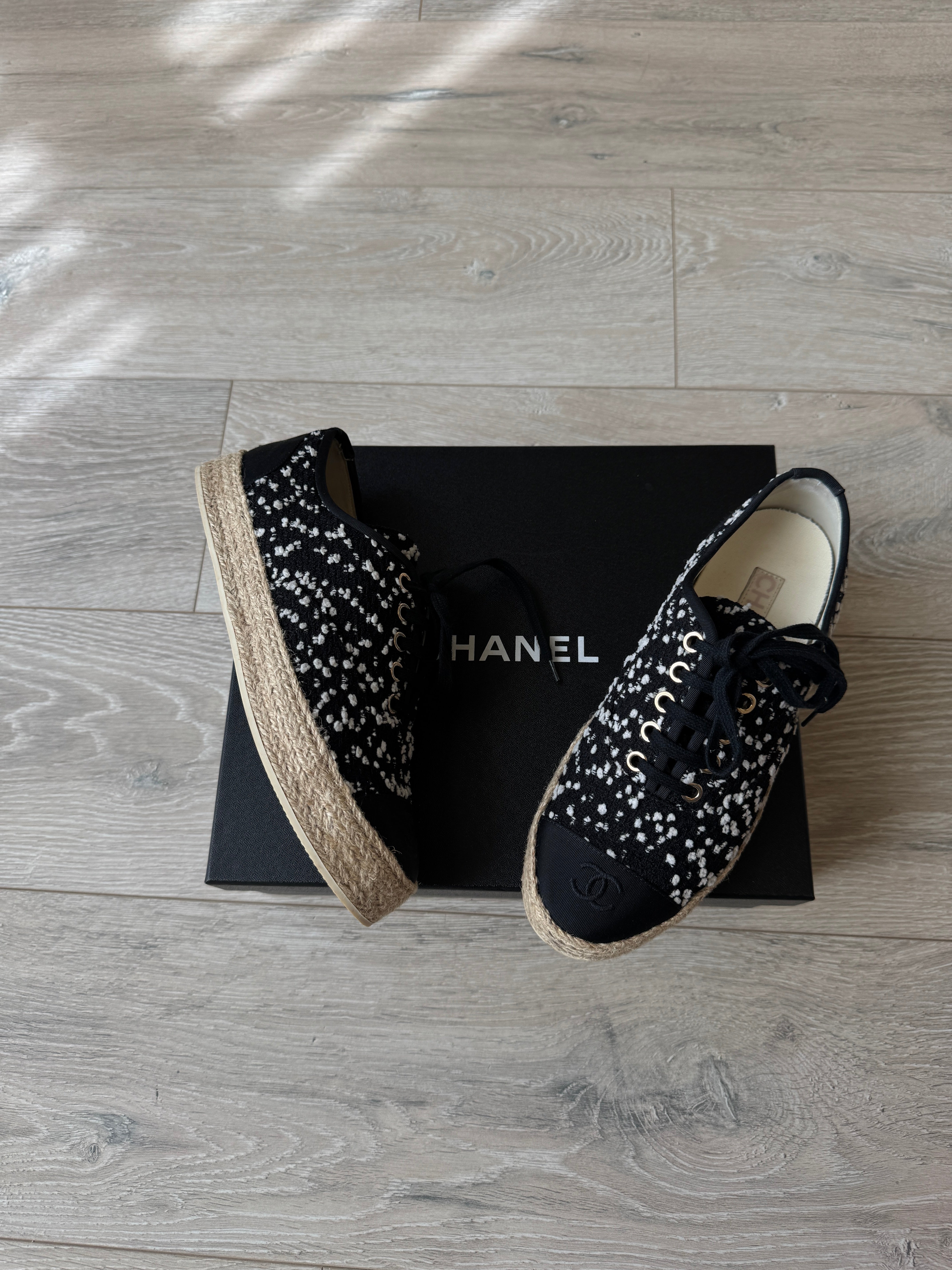 Chanel Black Tweed Espadrille Mules  (Size 38/UK 5)
