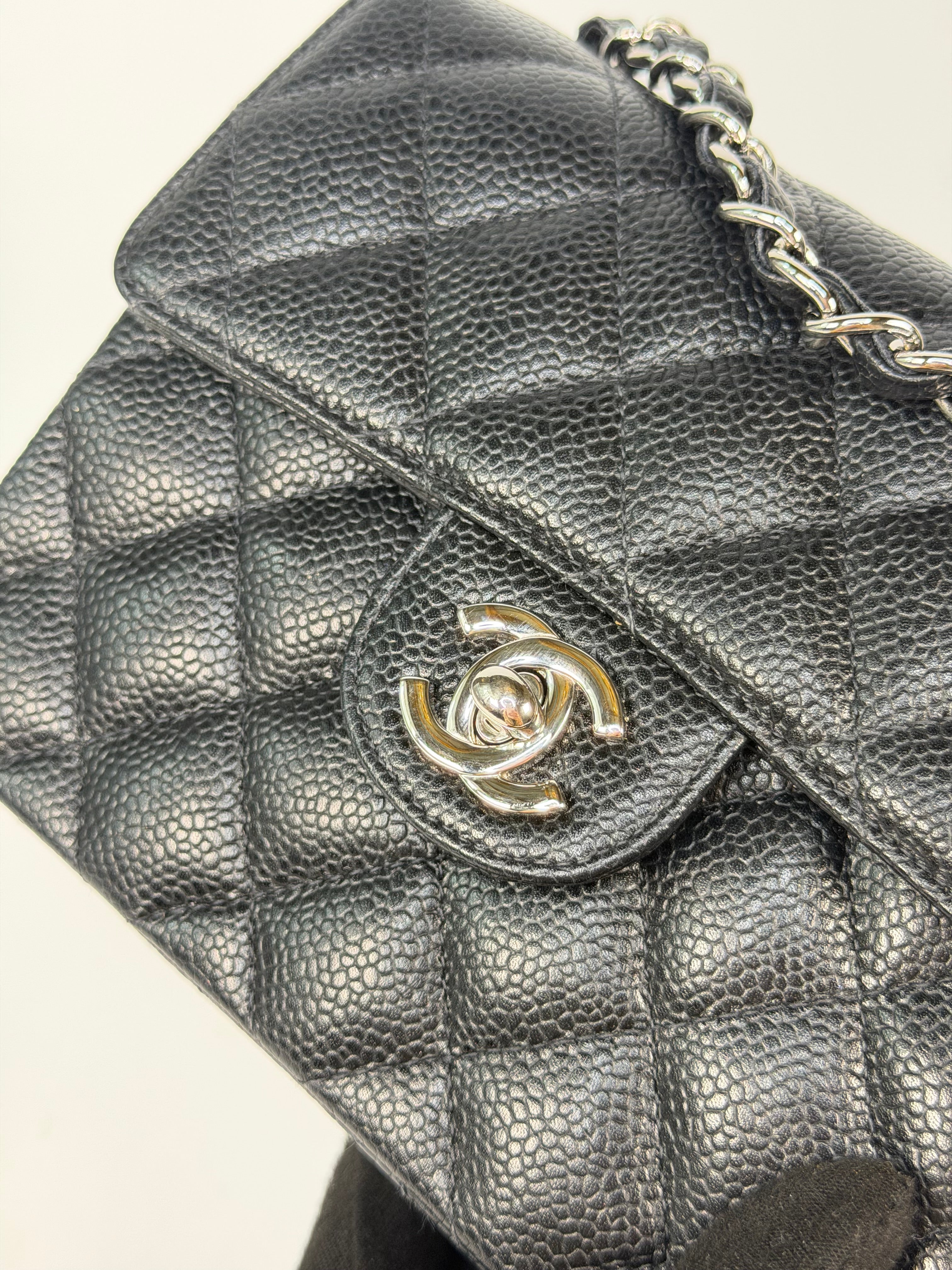 Chanel Vintage Mini Square Flap In Black Caviar Leather With Silver Hardware