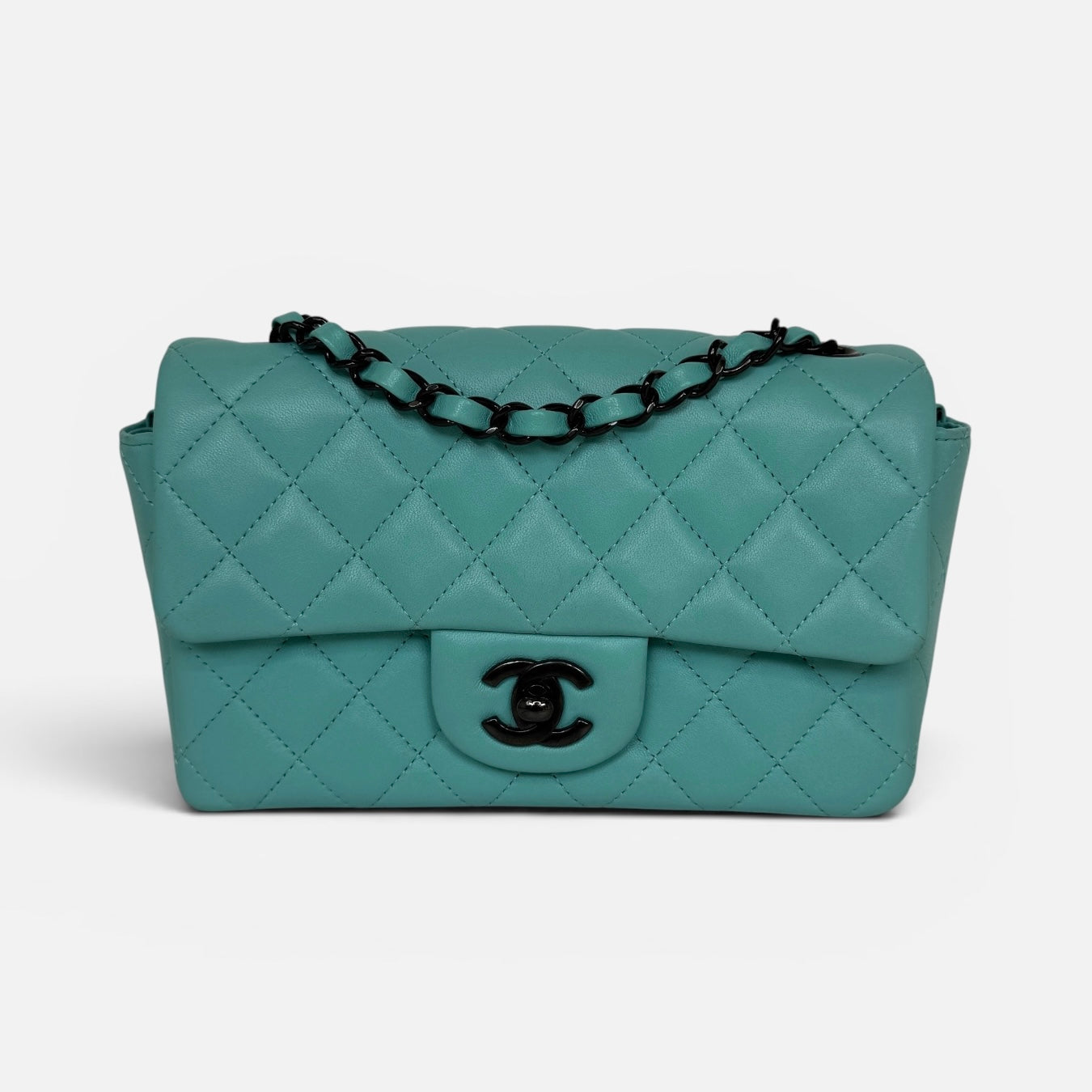 Chanel Mini Rectangle In Turquoise Lambskin Leather With Gunmetal Hardware