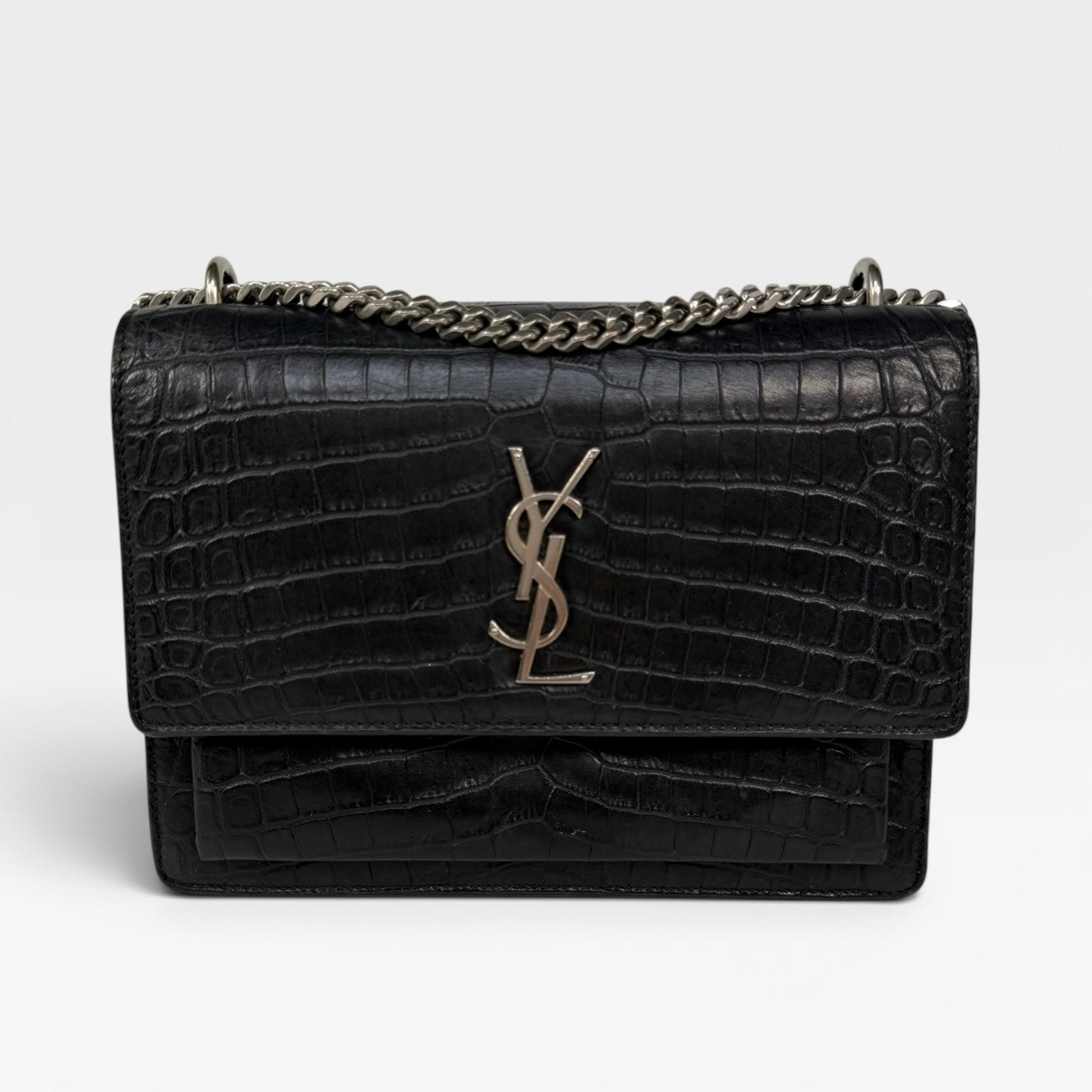 Saint Laurent Sunset Bag In Noir Croc Embossed Leather Silver Hardware. 100% authentic and preloved in very good condition.