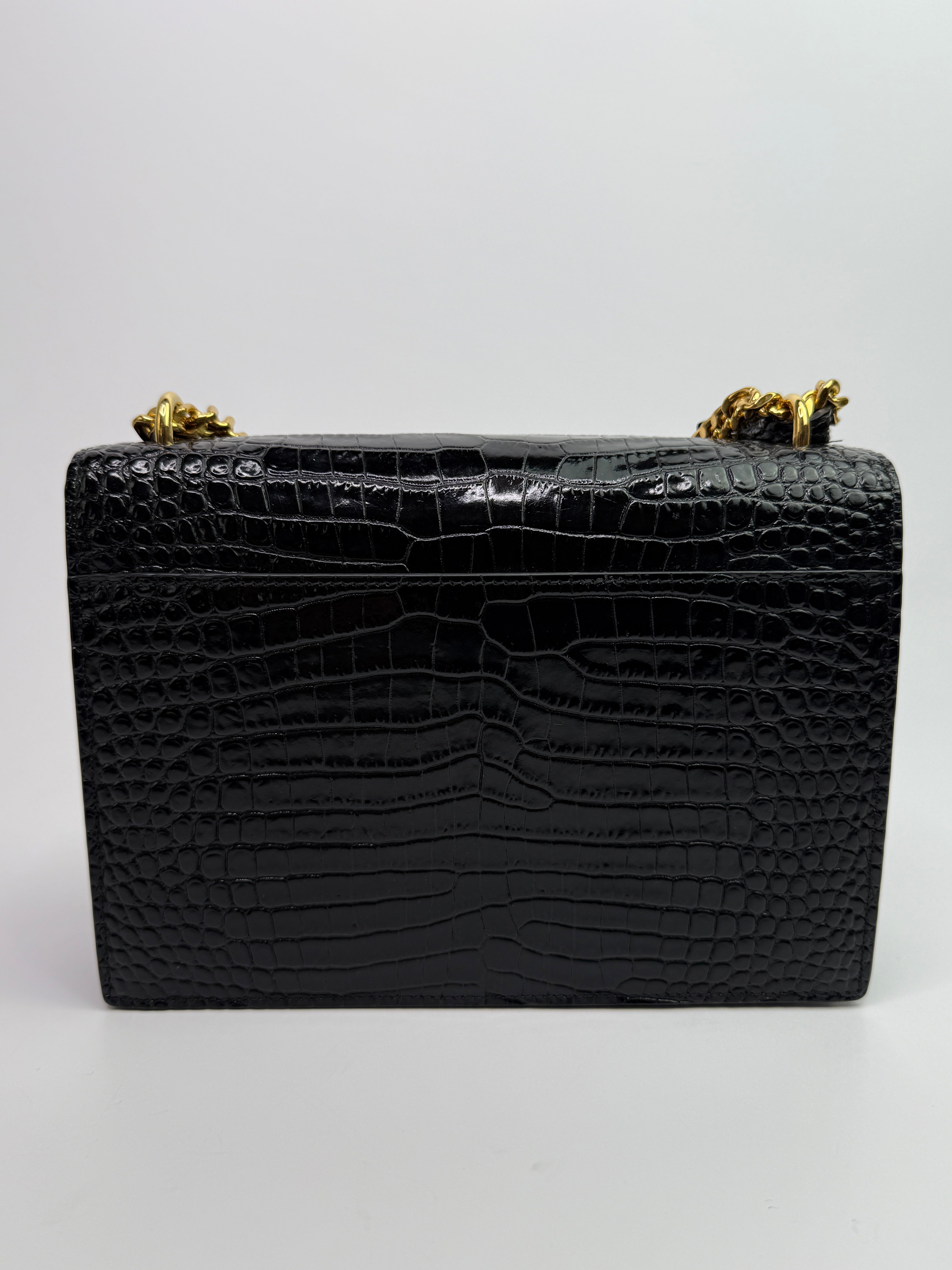 Saint Laurent Black Croc Embossed Sunset Bag