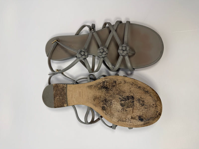 Chanel Camellia Sandals In Grey Leather Size 39.5/UK6.5
