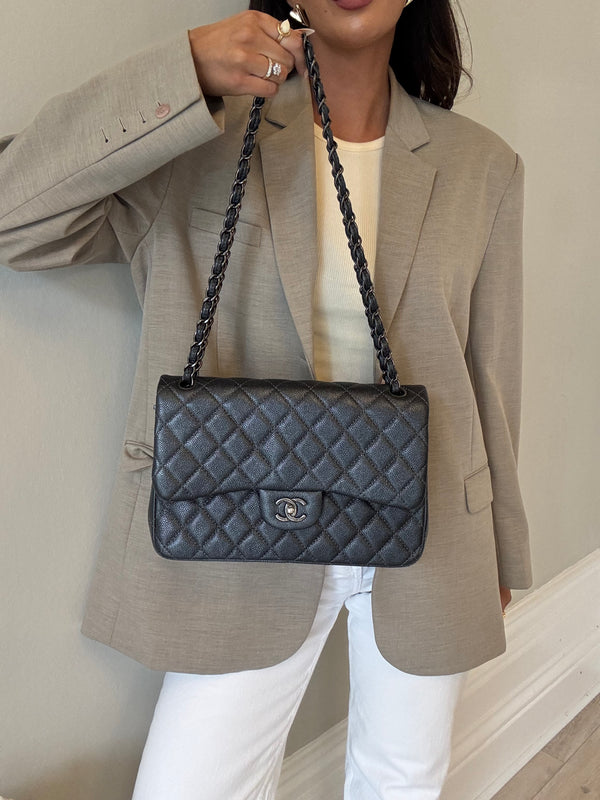 Chanel Jumbo Gunmetal Metallic Calfskin Leather With RHW