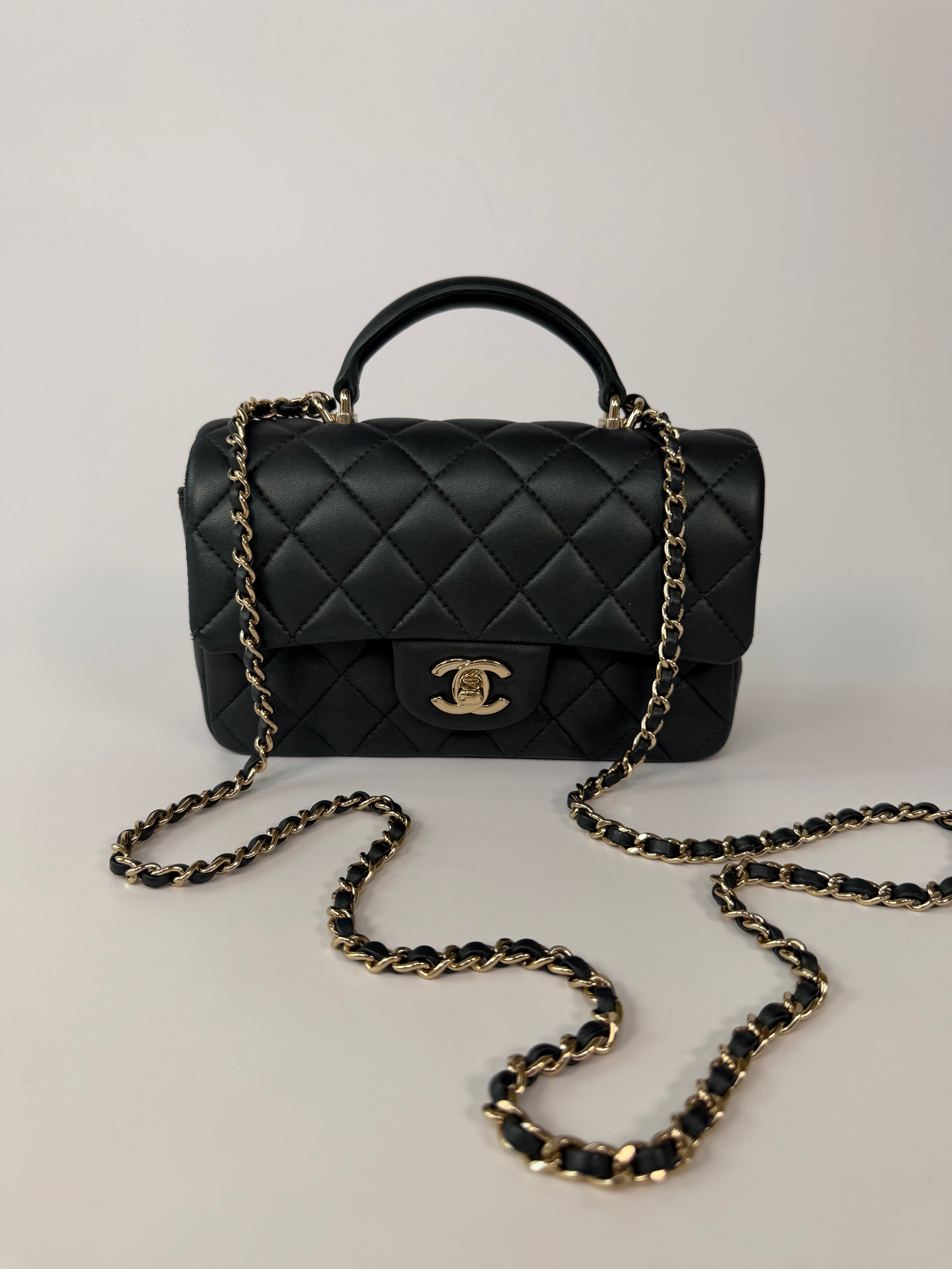 Chanel Mini Rectangle Top Handle In Metallic Green Lambskin Leather Gold Hardware. 100% authentic and preloved in excellent condition.