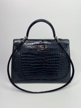 Hermès Kelly 35 In Bleu Crocodile Porosus Lisse With PHW