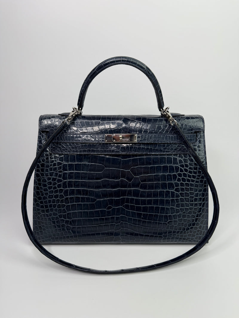 Hermès Kelly 35 In Bleu Crocodile Porosus Lisse With PHW