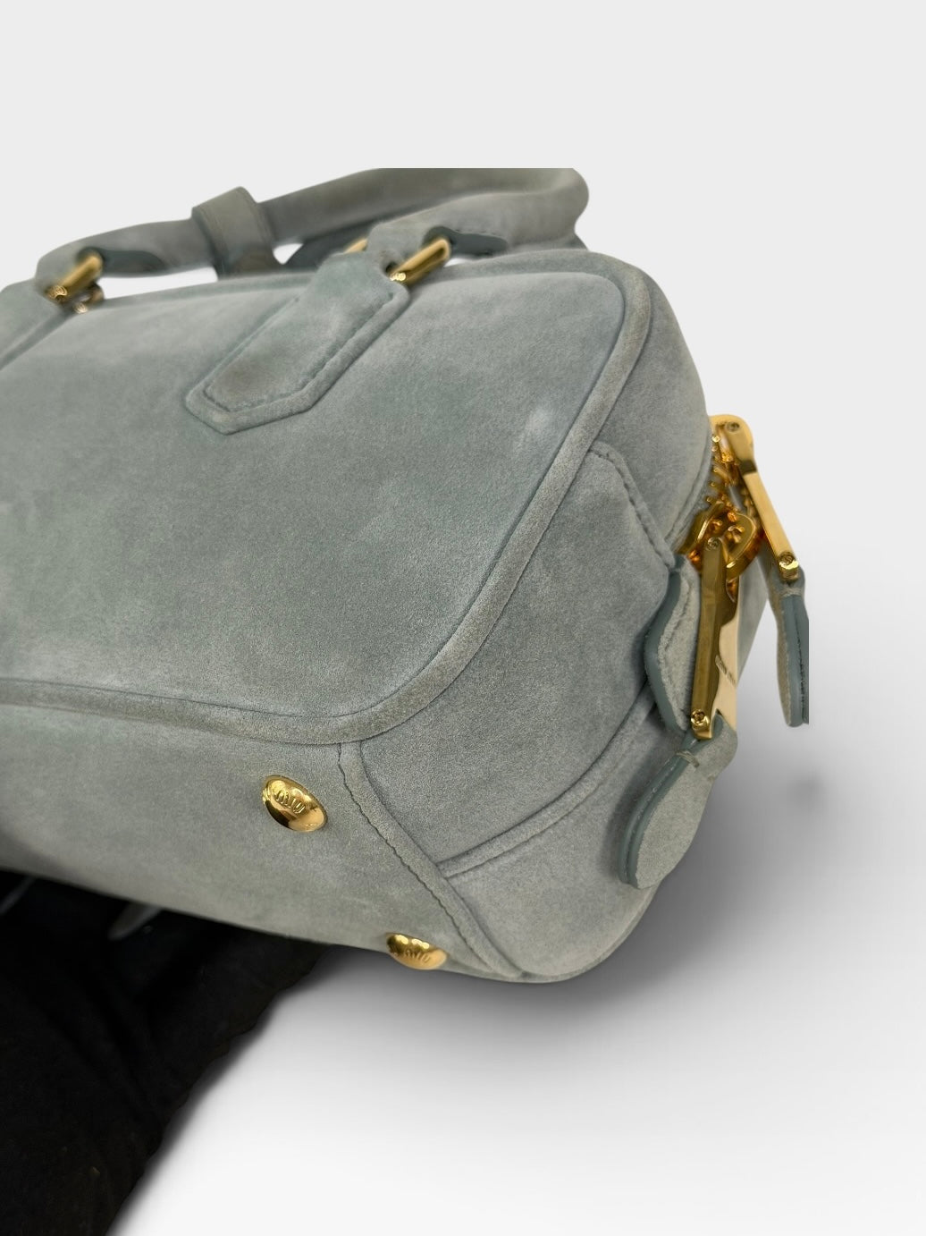 Miu Miu Arcadie Padded Top Handle In Powder Blue Suede Gold Hardware. 100% authentic and preloved in new & unused condition.