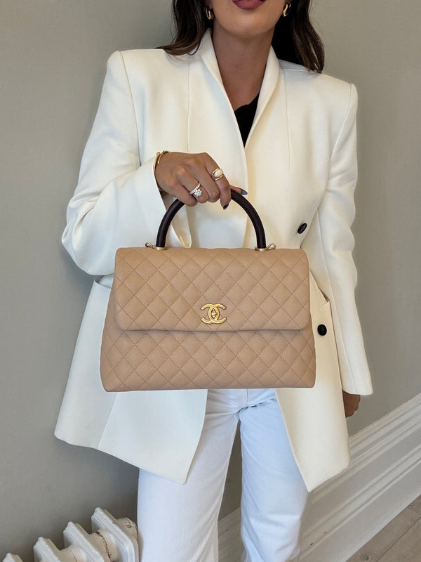 Chanel Coco Large Top Handle In Beige Caviar Leather With GHW