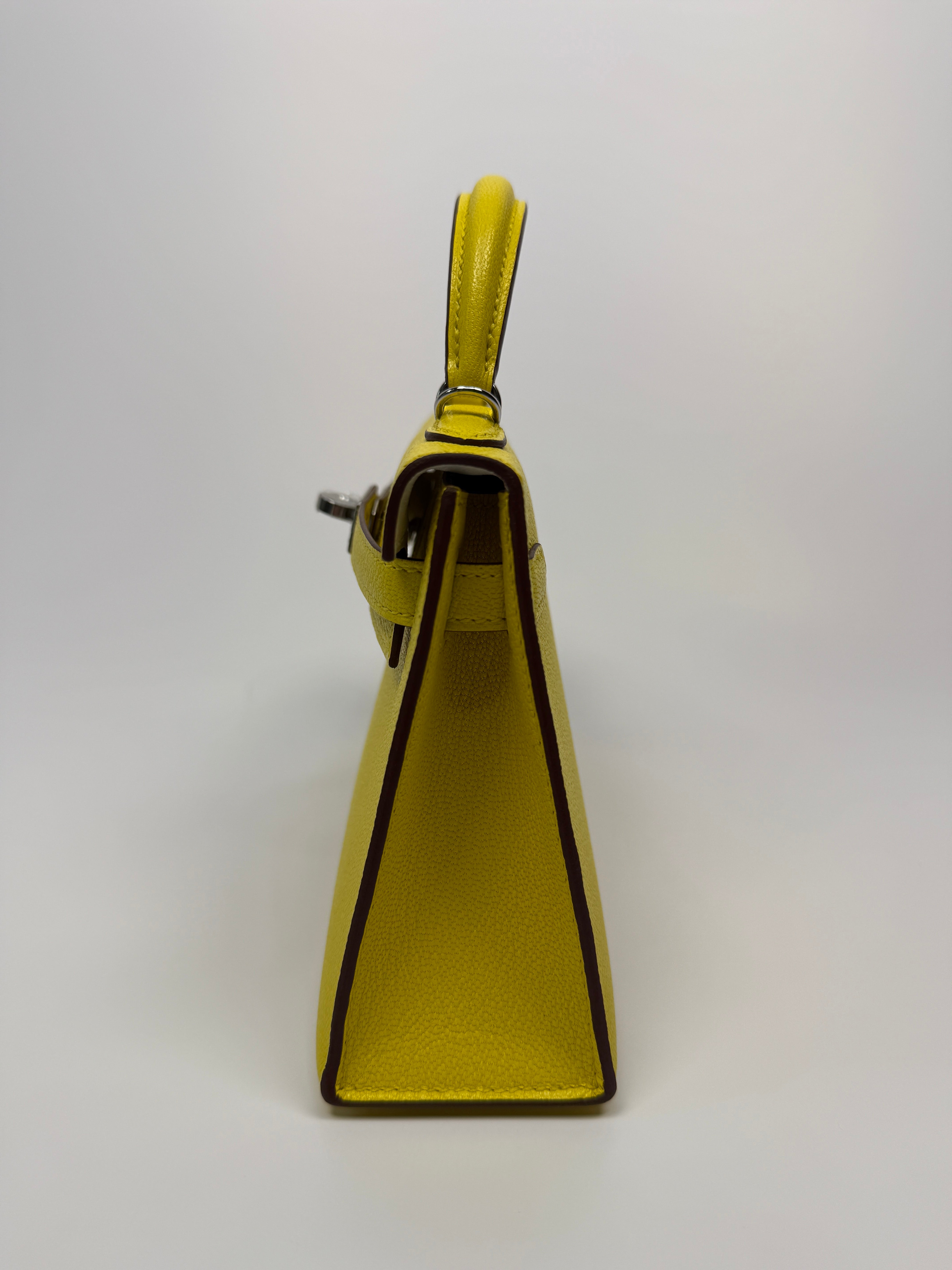 Authentic Pre Loved Hermés Mini Kelly ll Sellier Verso Chèvre Mysore in Jaune Citron and Mushroom With Palladium Hardware New & Unused Condition