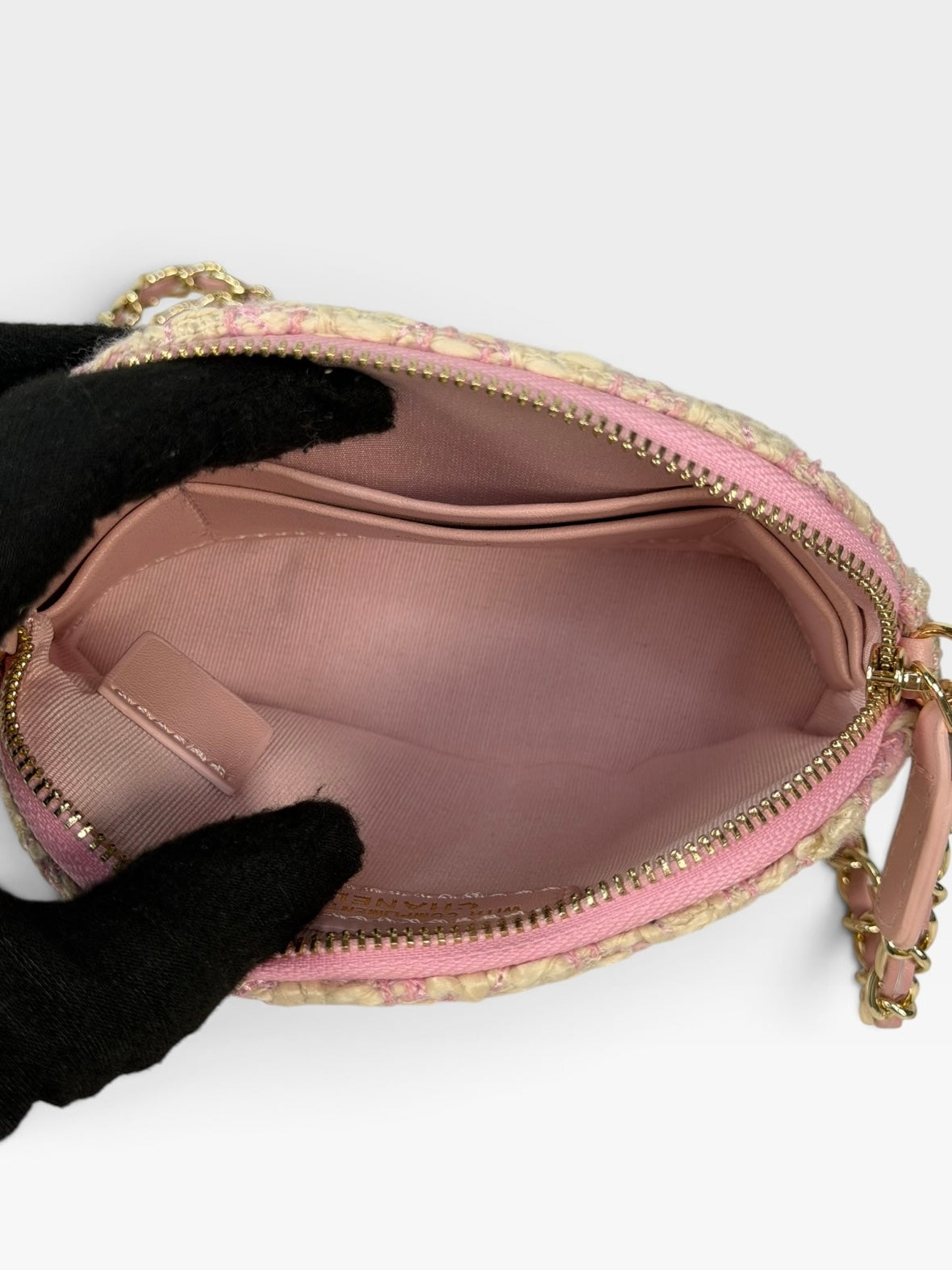 Chanel Mini Pouch On Chain Bag In Pink Tweed With Gold Hardware. 100% authentic and preloved in excellent condition.