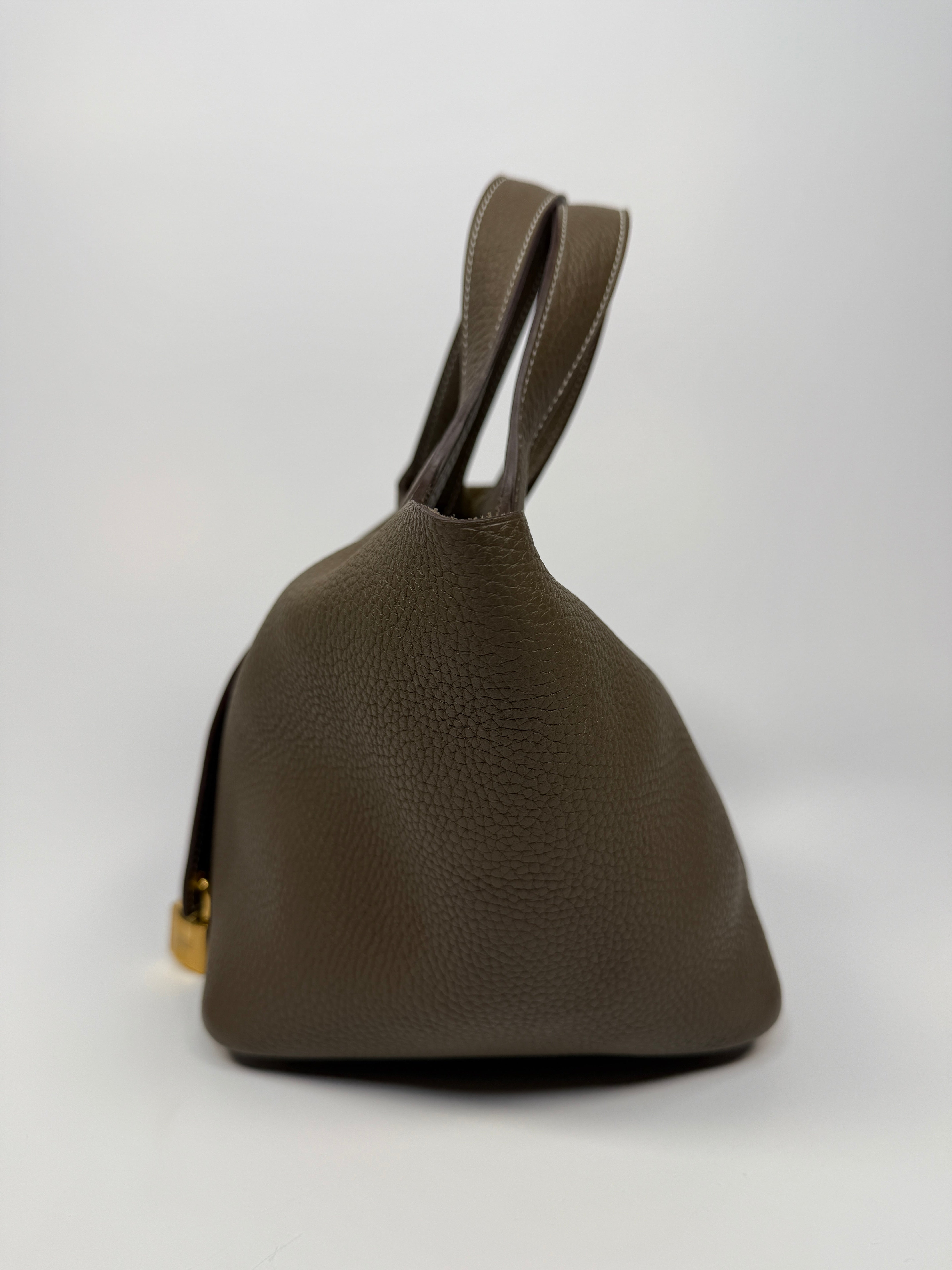 Authentic Pre Loved Hermès Picotin 18 In Etoupe Clemence Leather With Gold Hardware Excellent Condition