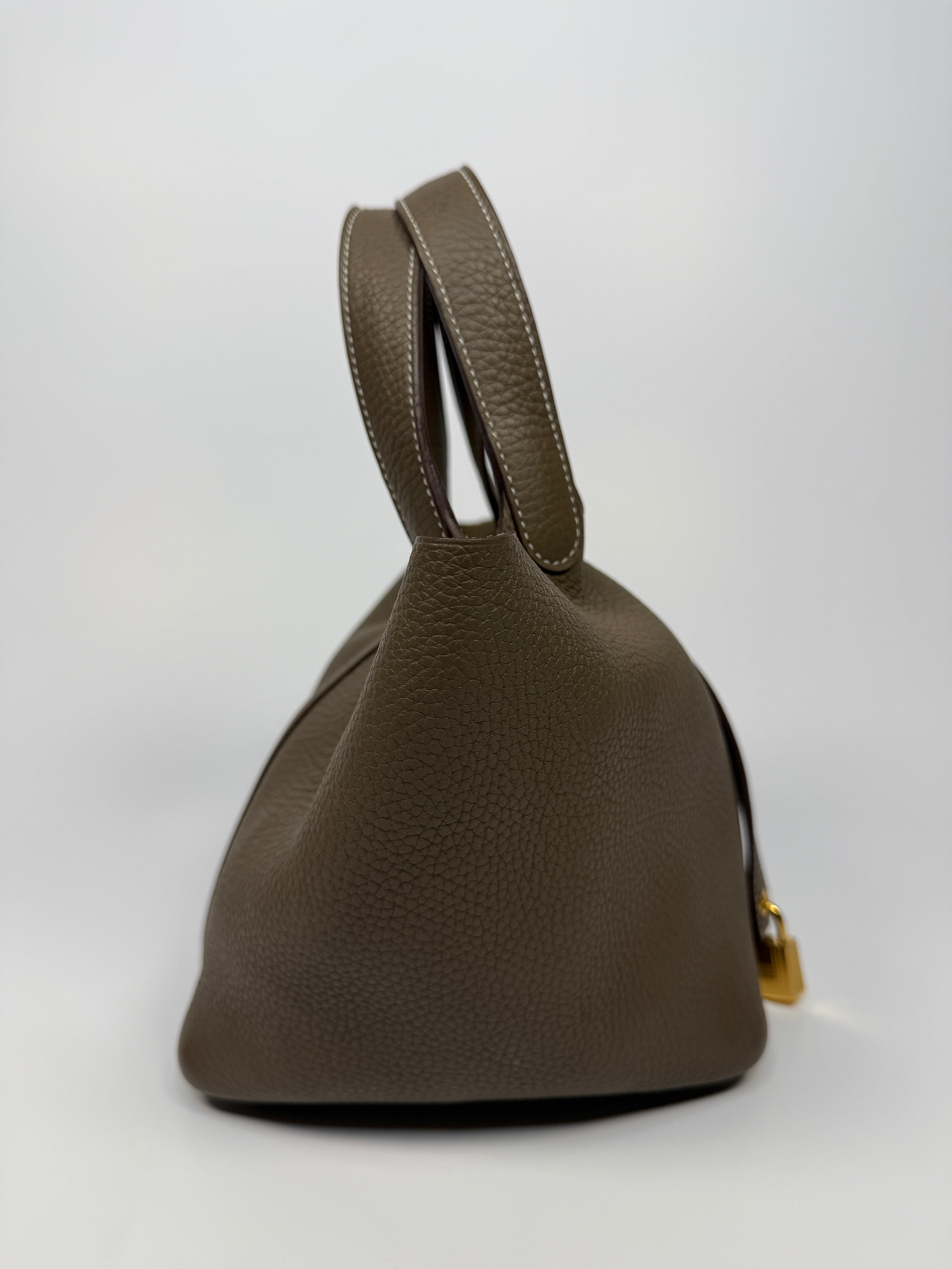 Authentic Pre Loved Hermès Picotin 18 In Etoupe Clemence Leather With Gold Hardware Excellent Condition