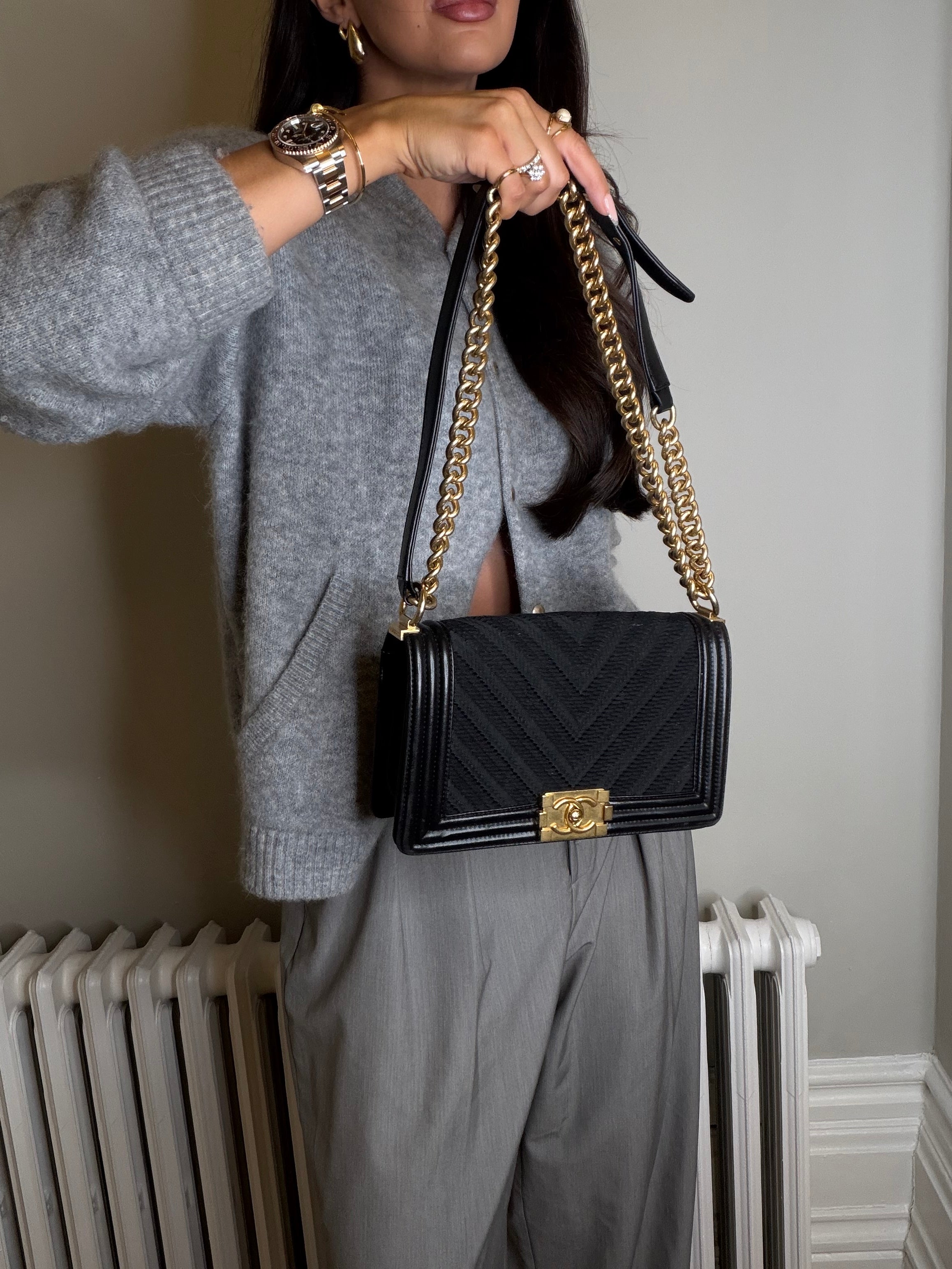 Chanel Black Chevron Fabric & Lambskin Leather Medium Boy Bag With Gold Hardware. Very Good Condition. Authentic and preloved. 