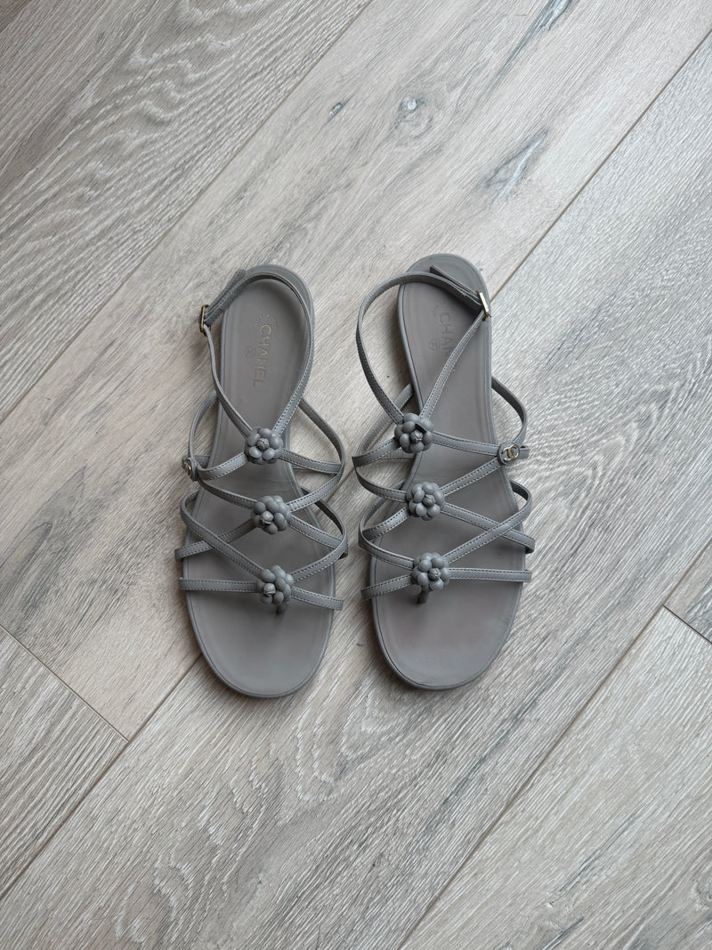 Chanel Camellia Sandals In Grey Leather Size 39.5/UK6.5