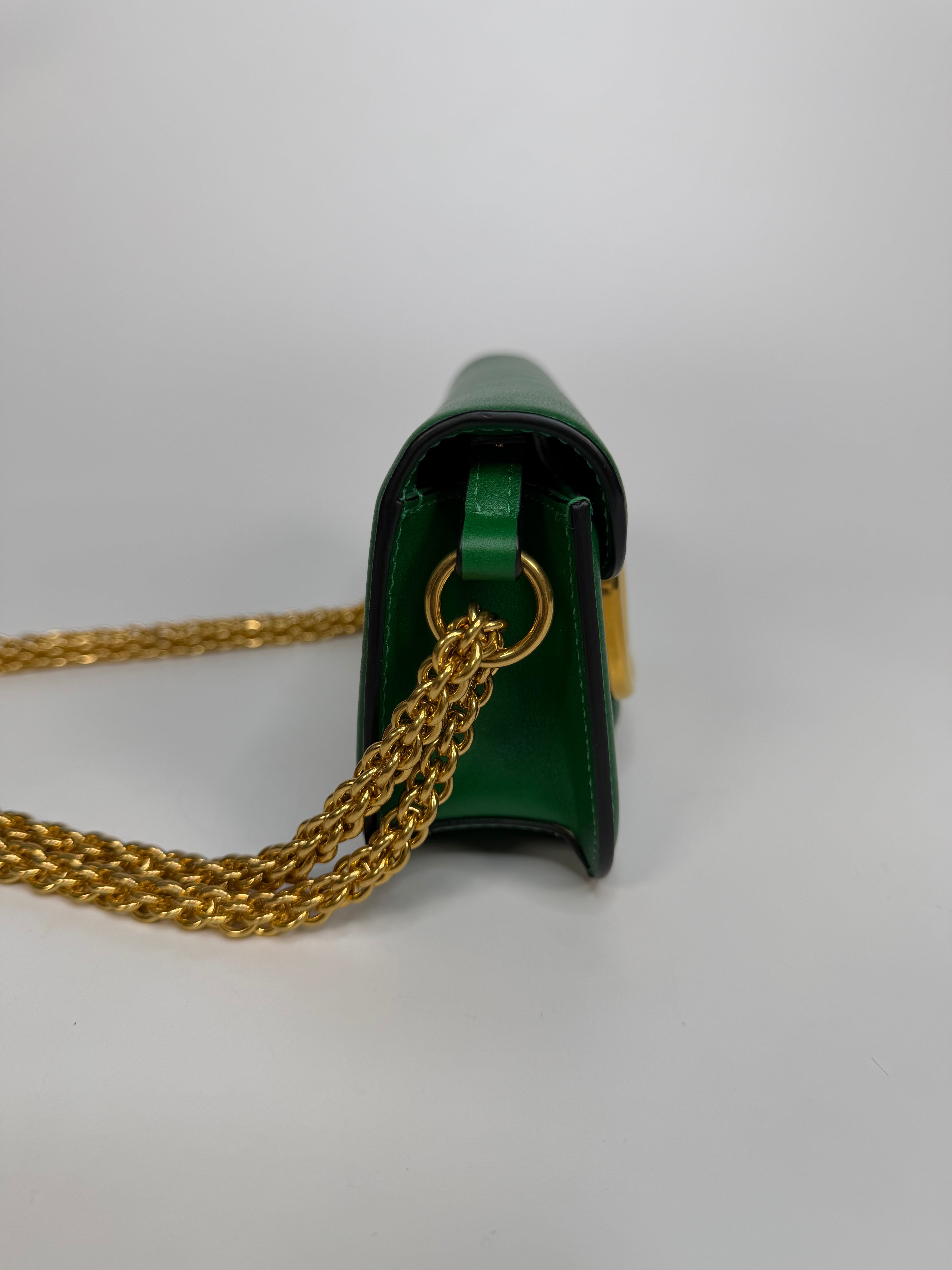 Valentino Garavani Locò Small Shoulder Bag In Green Leather With Gold Hardware. Authentic and preloved in excellent condition