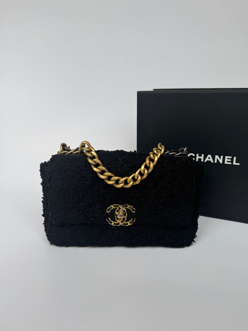 Chanel 19 Small In Black Bouclé Tweed