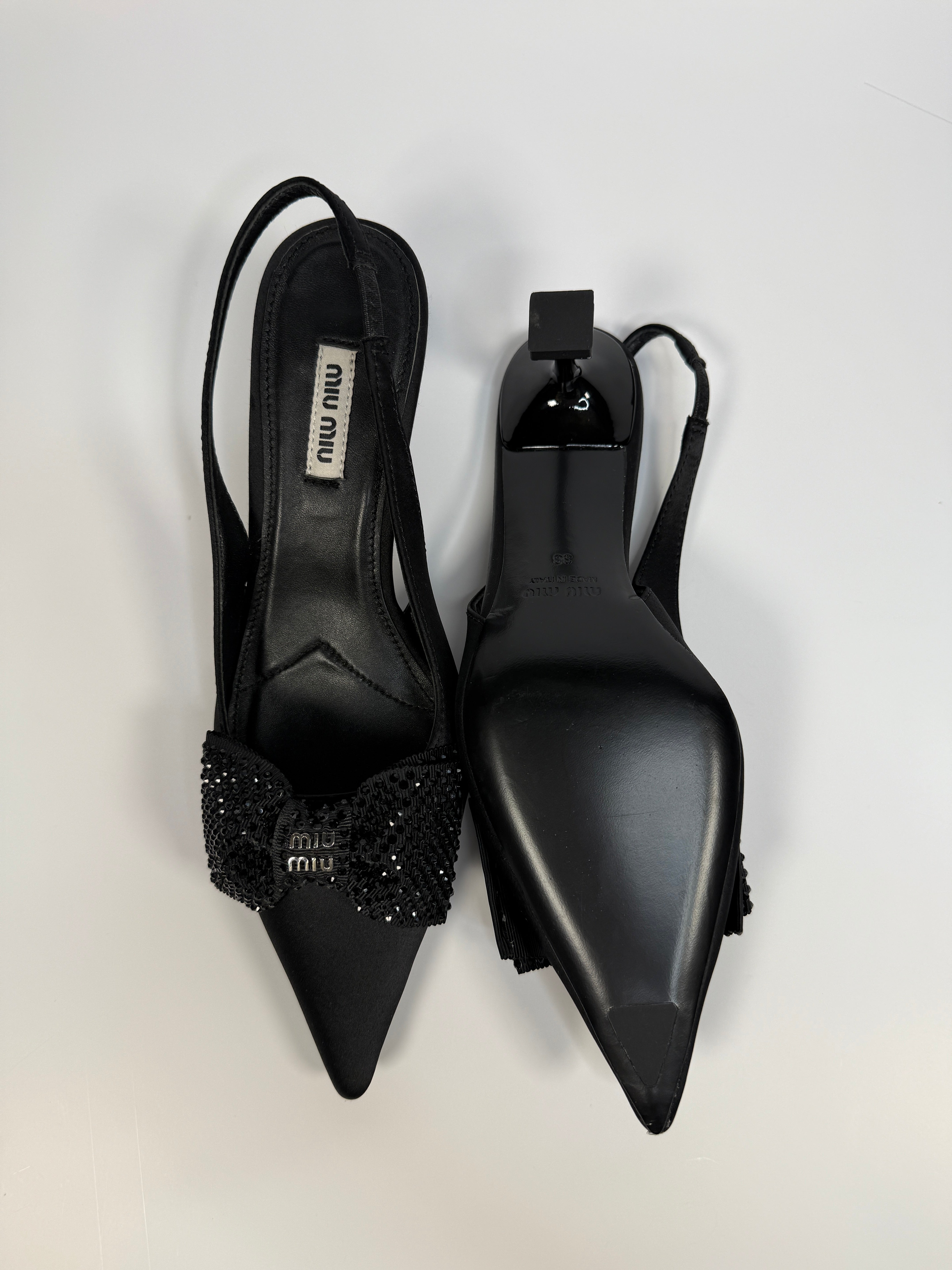 Miu Miu Bow Embellished Satin Heels (Size 38/UK5)