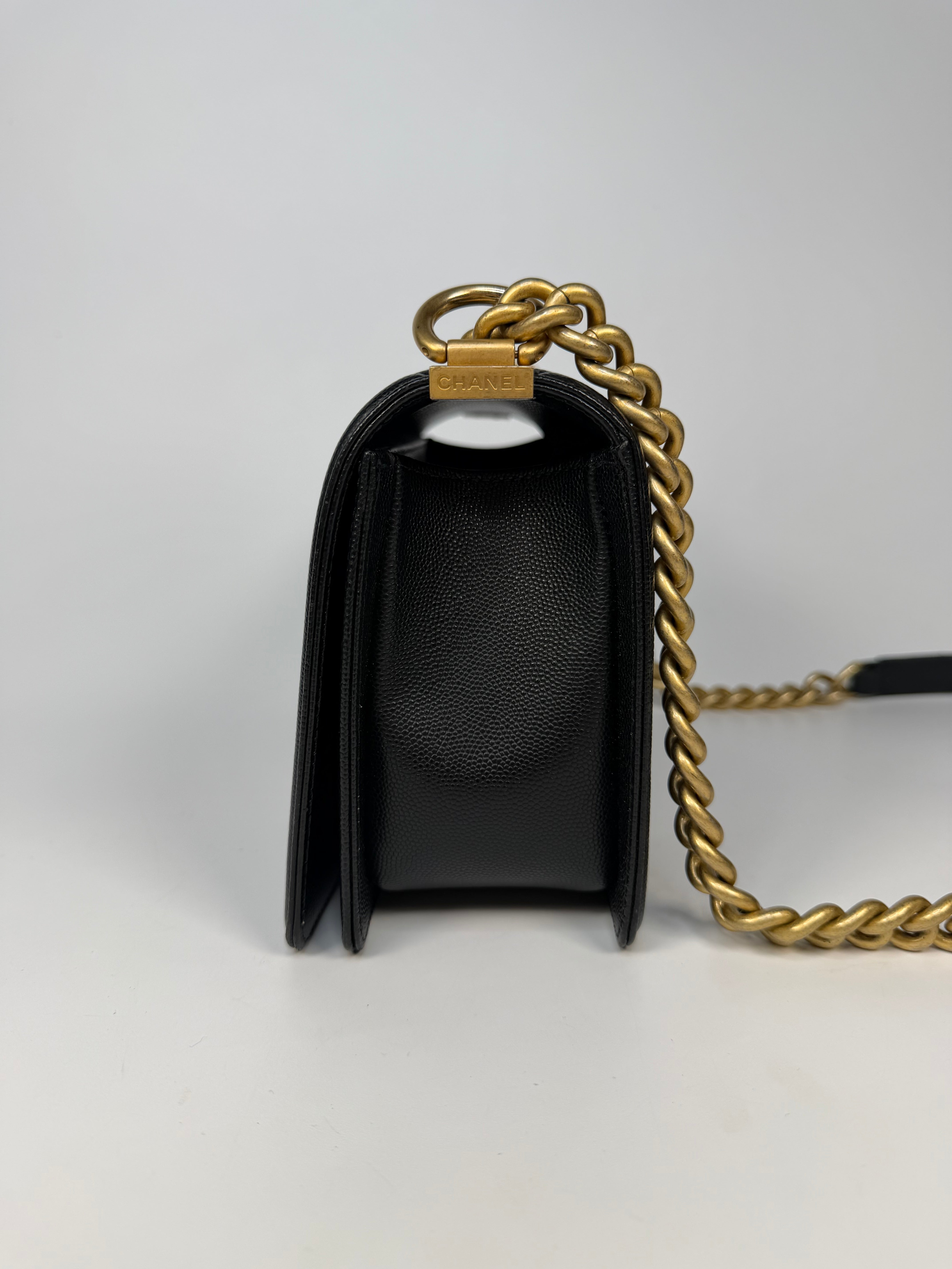  Chanel Boy Bag In Black Caviar Leather With Gold Hardware. Authentic and preloved in excellent condition. Insured next day delivery. Verified by Luxe Cheshire
