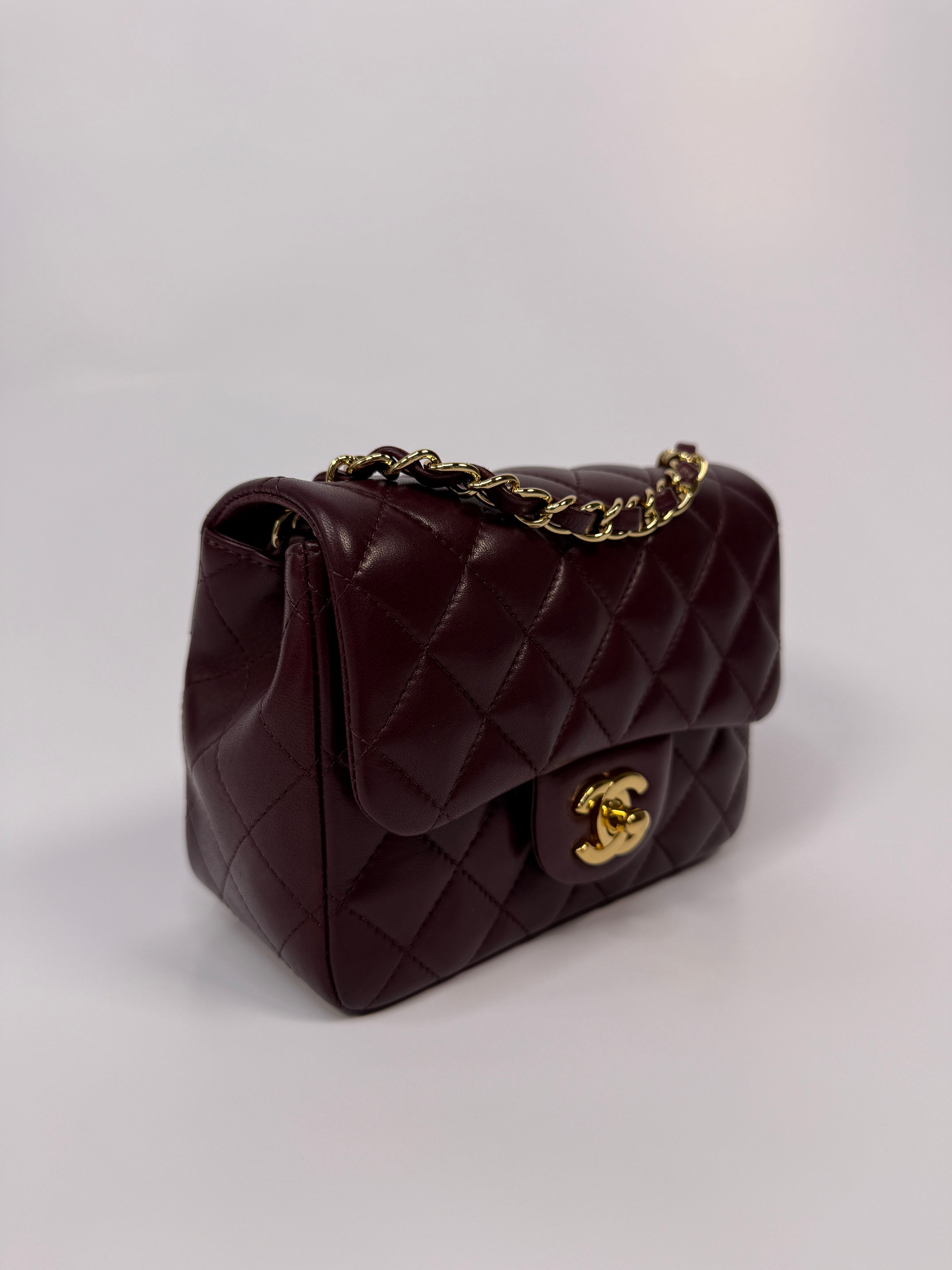 Chanel Mini Square In Burgundy Lambskin Leather With GHW