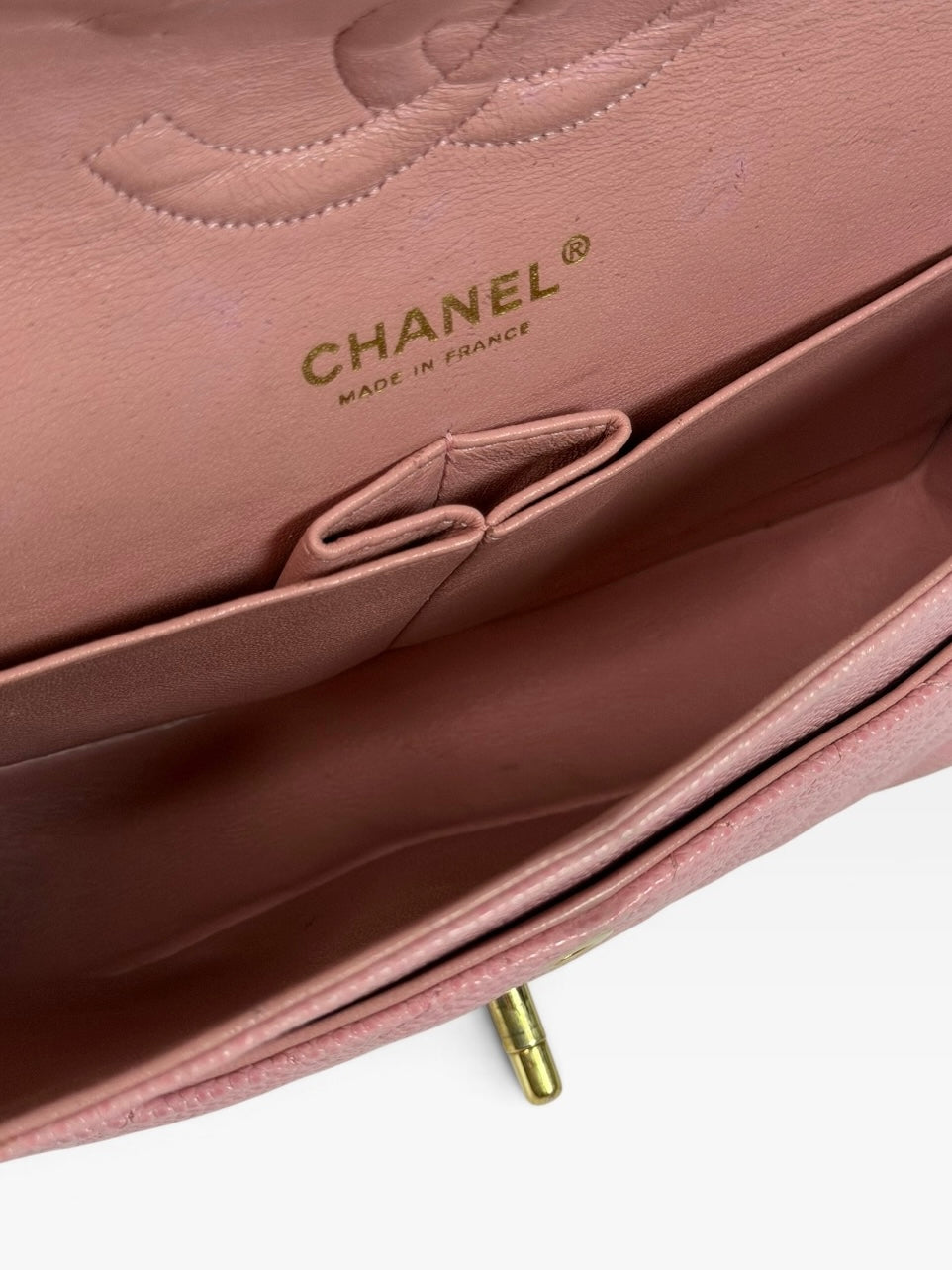Chanel Vintage Medium Classic Double Flap In Pink Caviar Leather With 24Kt Gold Hardware 100% authentic and preloved in excellent condition