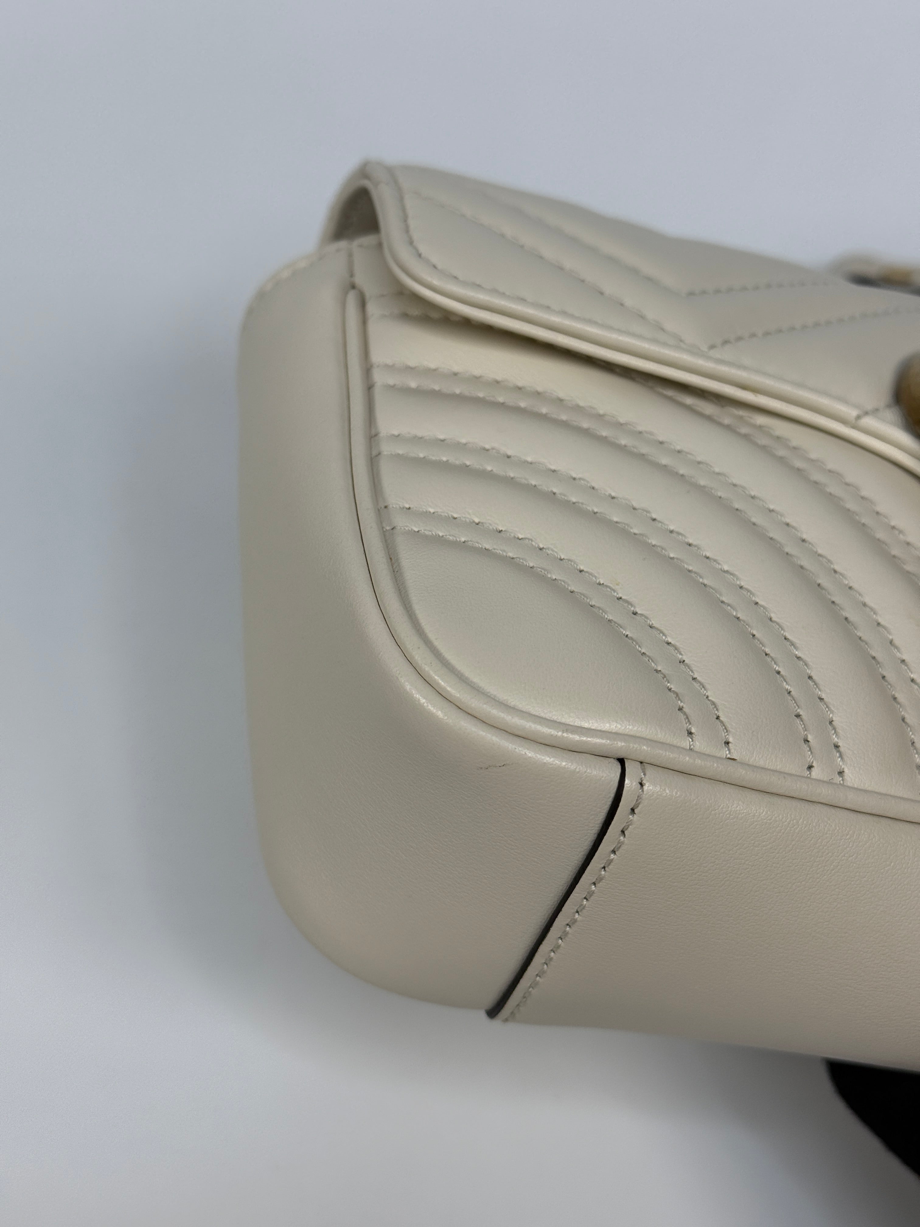 Gucci GG Small Marmont Matelasse Shoulder Bag In Ivory Leather With Gold Hardware 