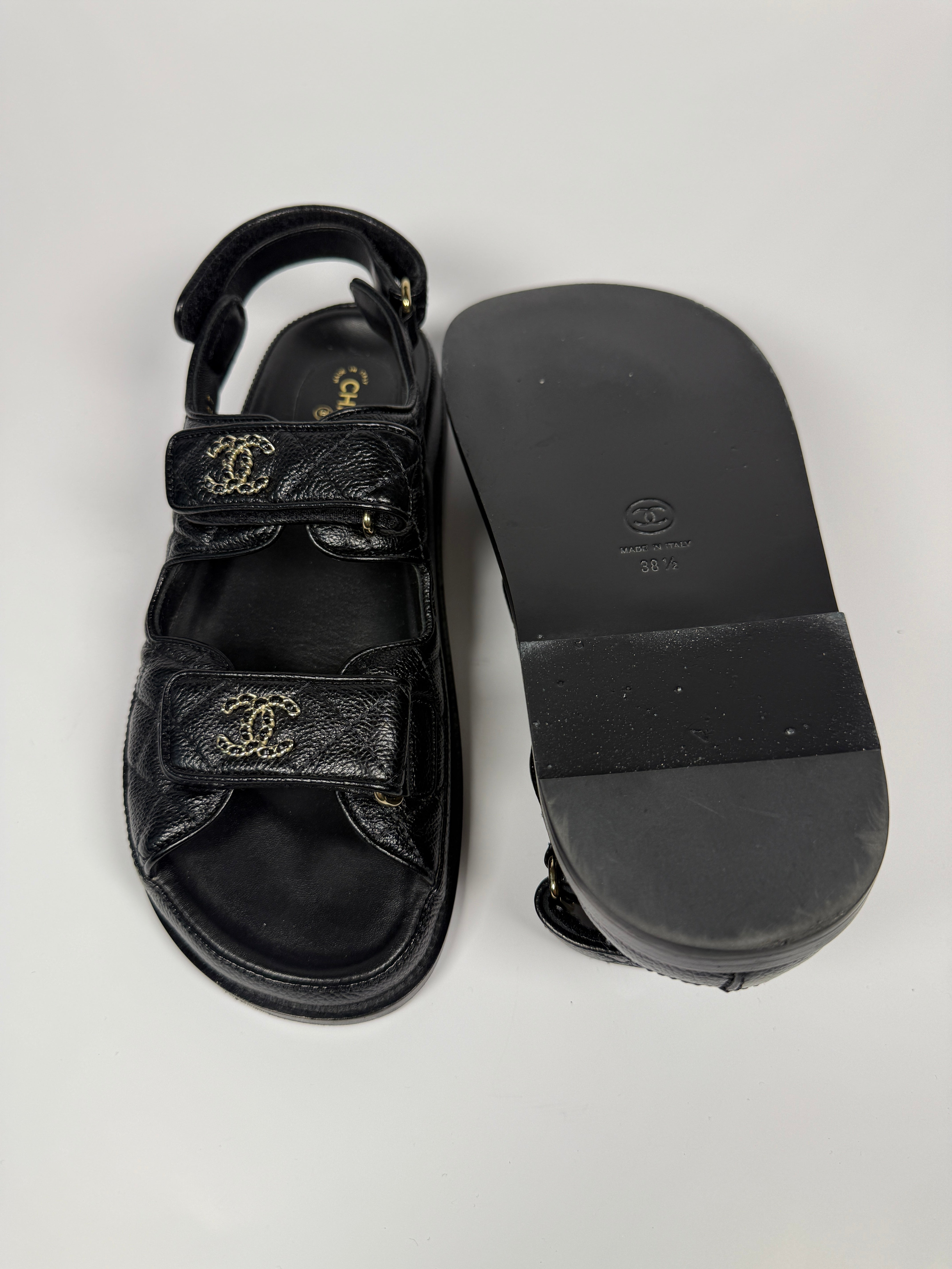 Chanel Black Leather Dad Sandals (Size 38.5/UK5.5) 100% Authentic and preloved. Excellent condition