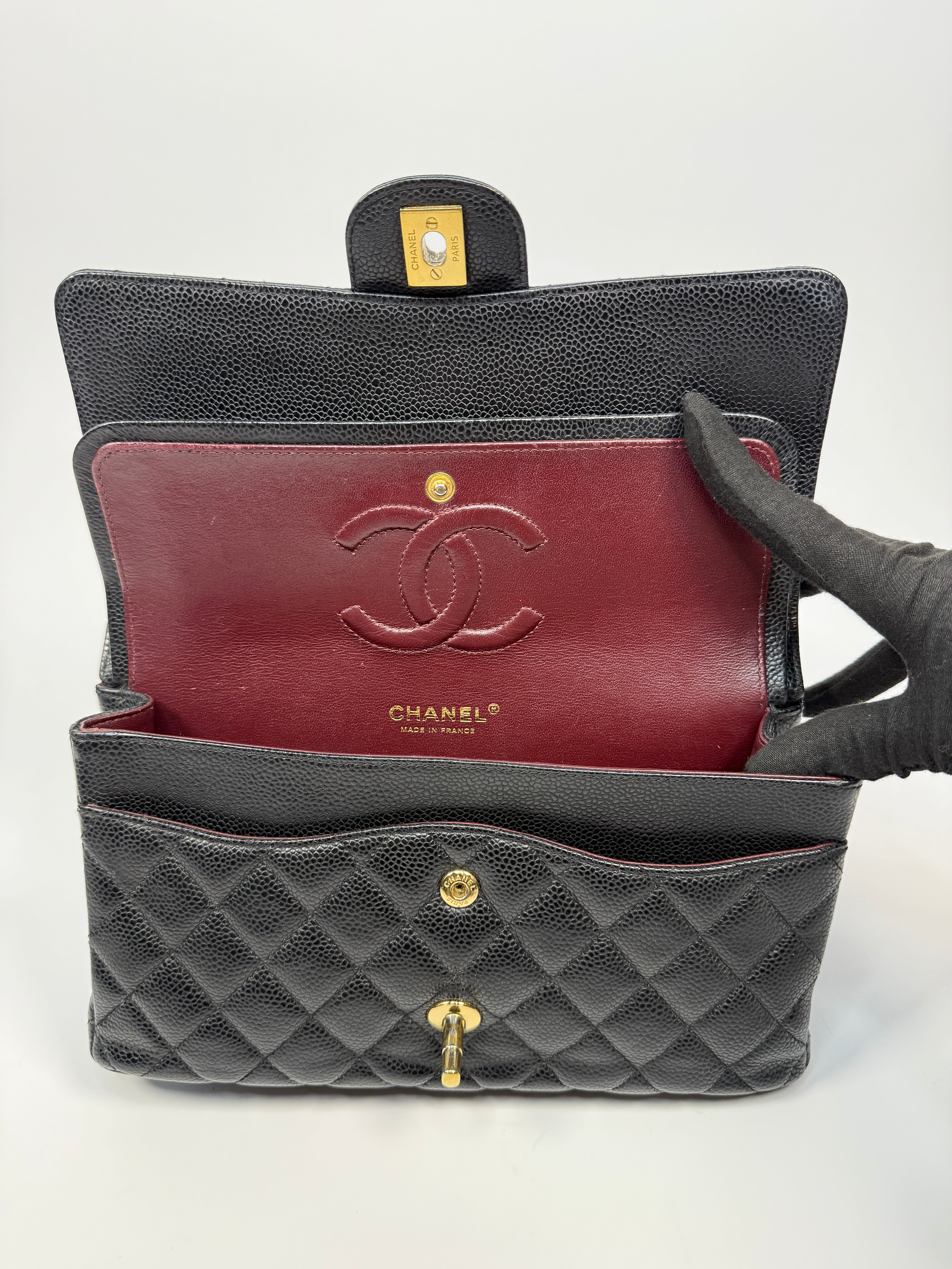 Chanel Medium Classic Double Flap Black Caviar With Gold Hardware, Authentic And Preloved In Very Good Condition 