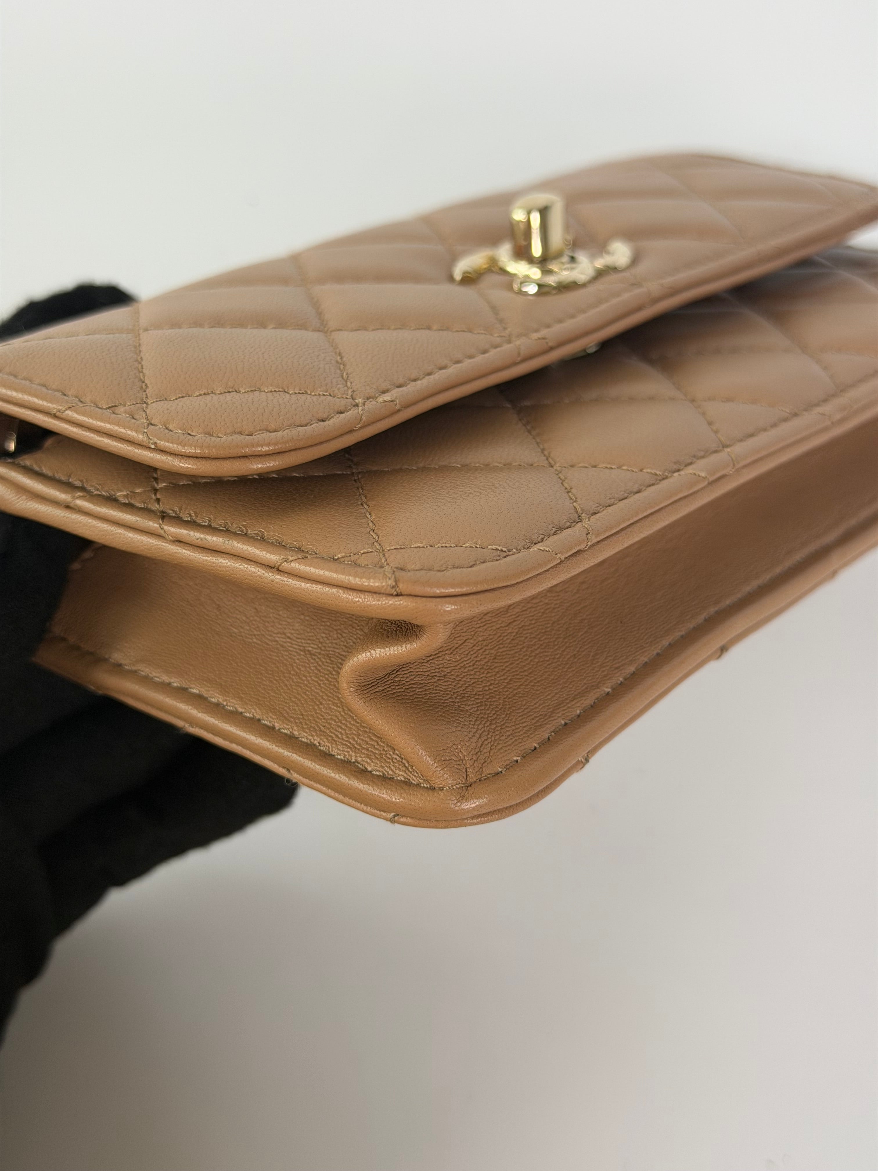 Chanel Trendy Wallet On Chain In Beige Lambskin With Gold Hardware. Authentic and preloved in excellent condition. 100% guarantee