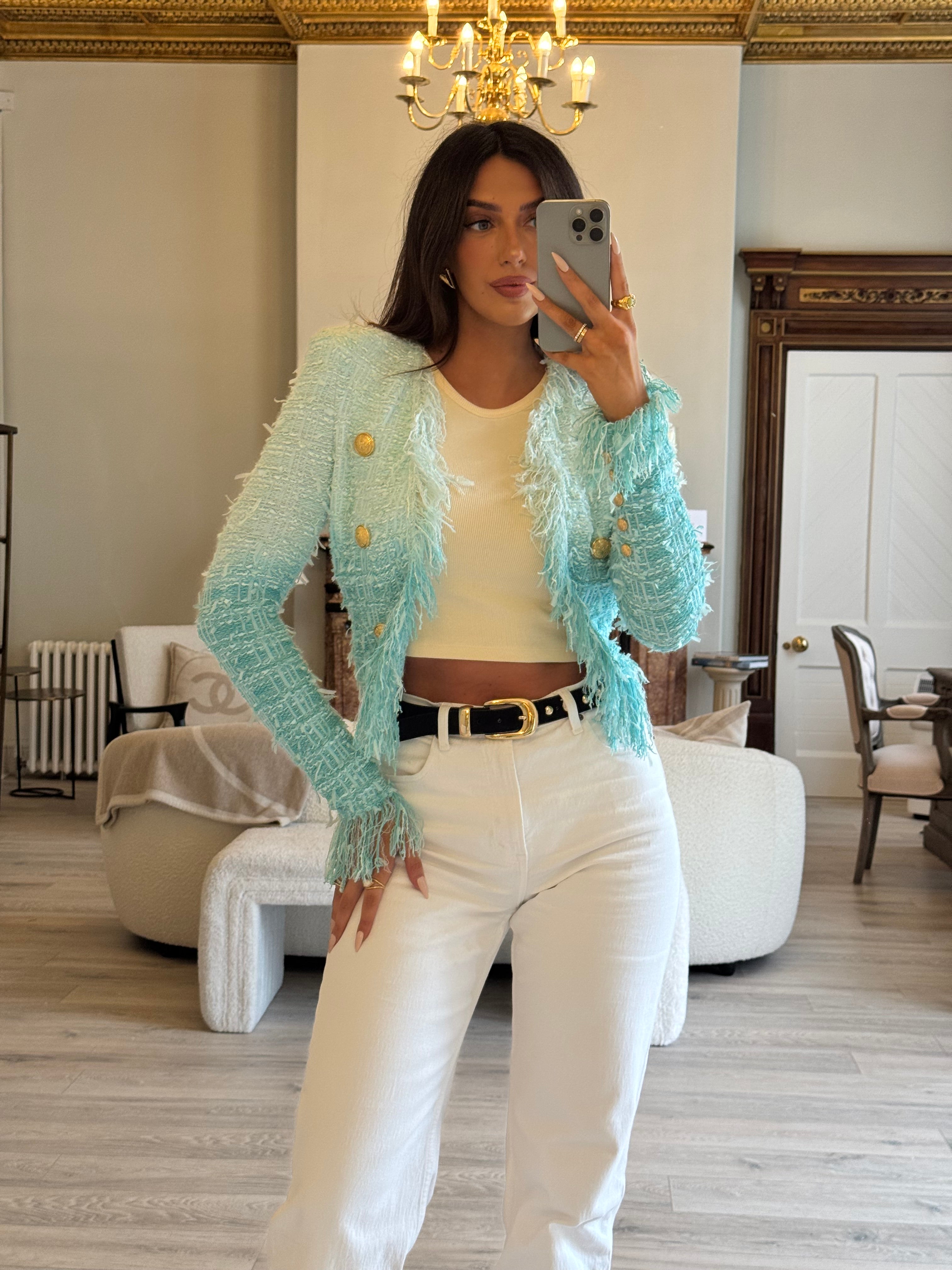 Balmain Fringe Dip Dye Tweed Jacket In Turquoise (Size34/UK6)