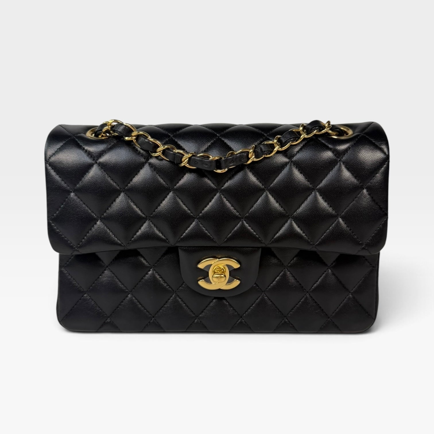 Chanel Small Classic Double Flap In Black Lambskin Leather With Gold Hardware in excellent condition 100% authentic and preloved