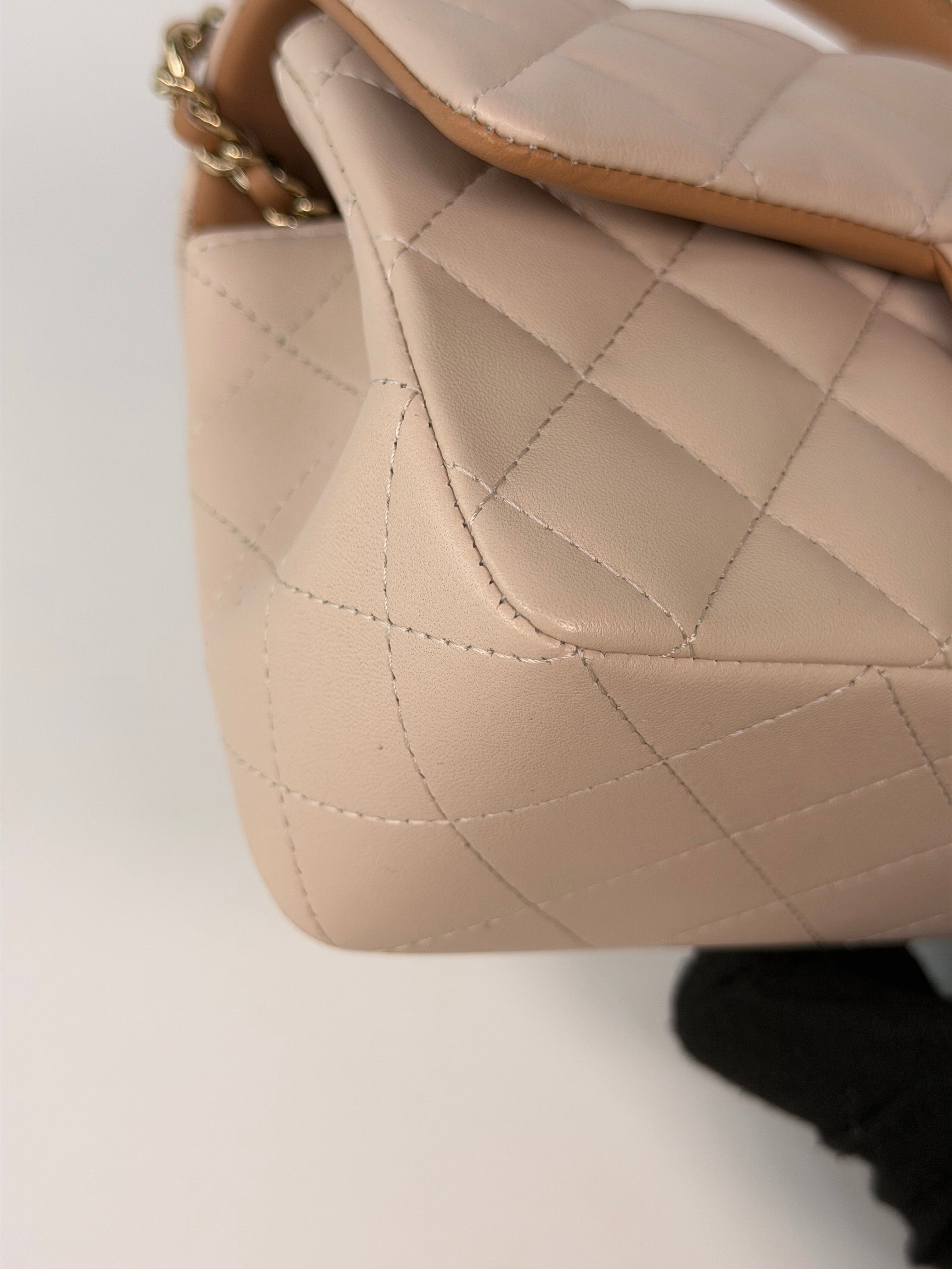 Chanel Mini Rectangle Top Handle In Light Beige Lambskin Leather With Pale Gold Hardware