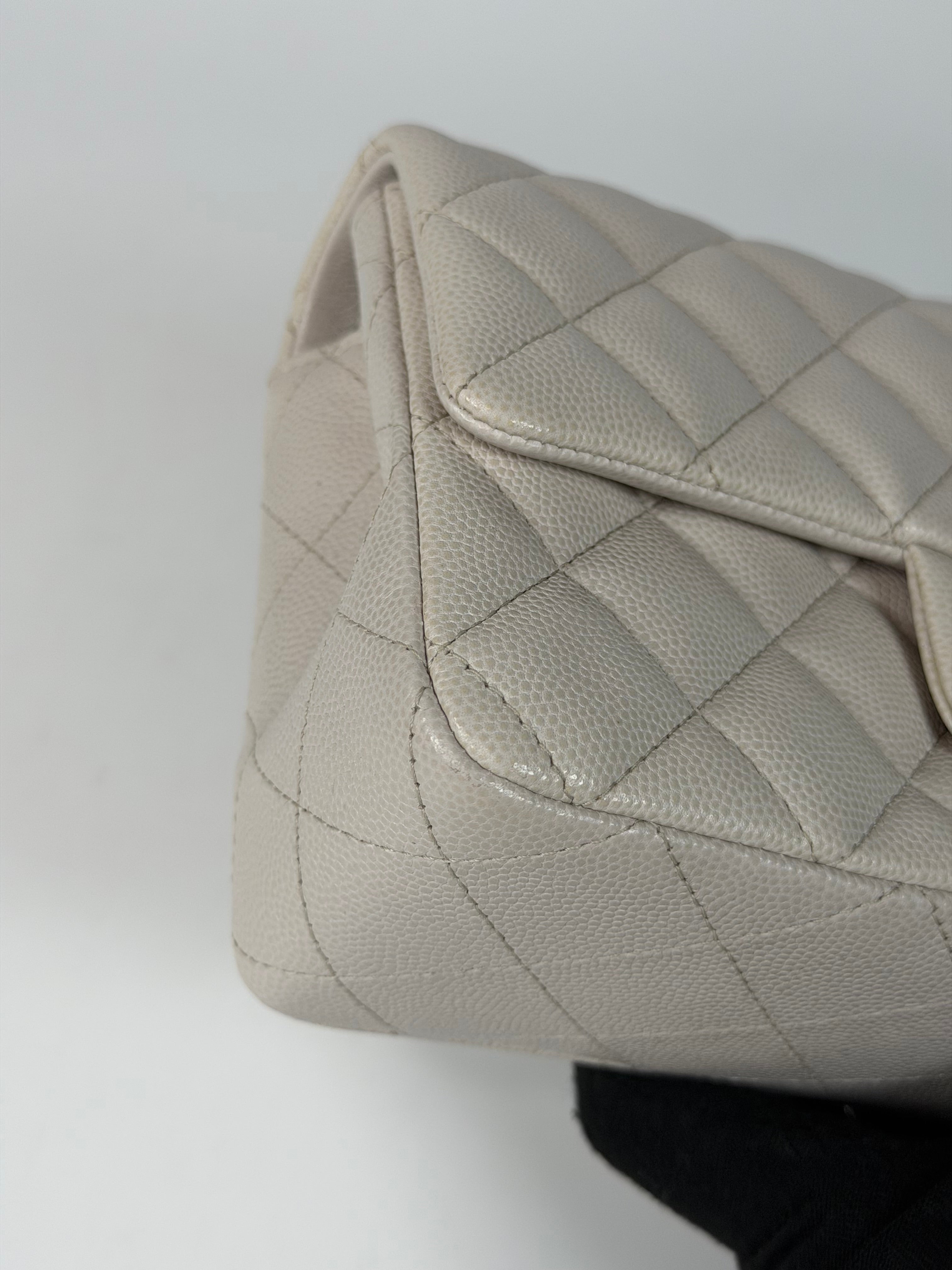 Chanel Mini Rectangle Pale Grey Caviar Leather With Silver Hardware in excellent condition 100% authentic and preloved