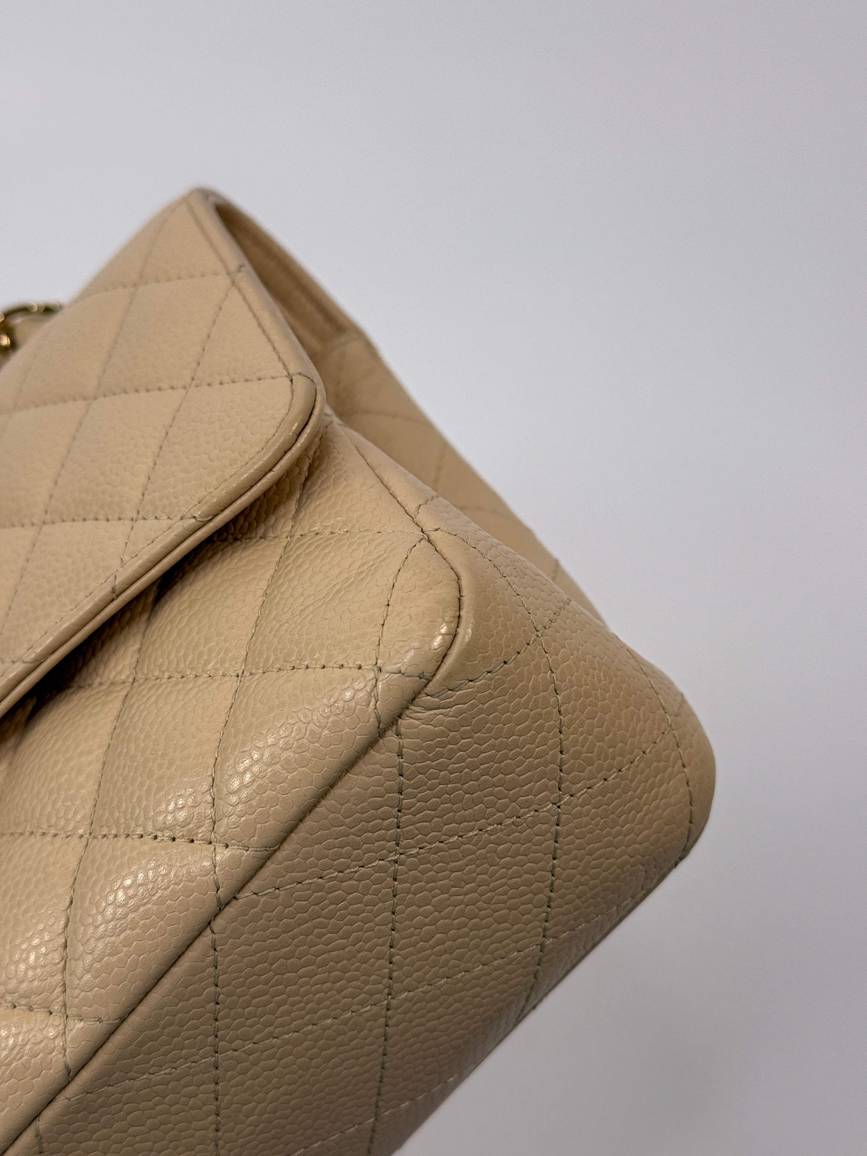 Chanel Medium Classic Double Flap Beige Caviar Leather With Gold Hardware
Pre Loved & Authentic 