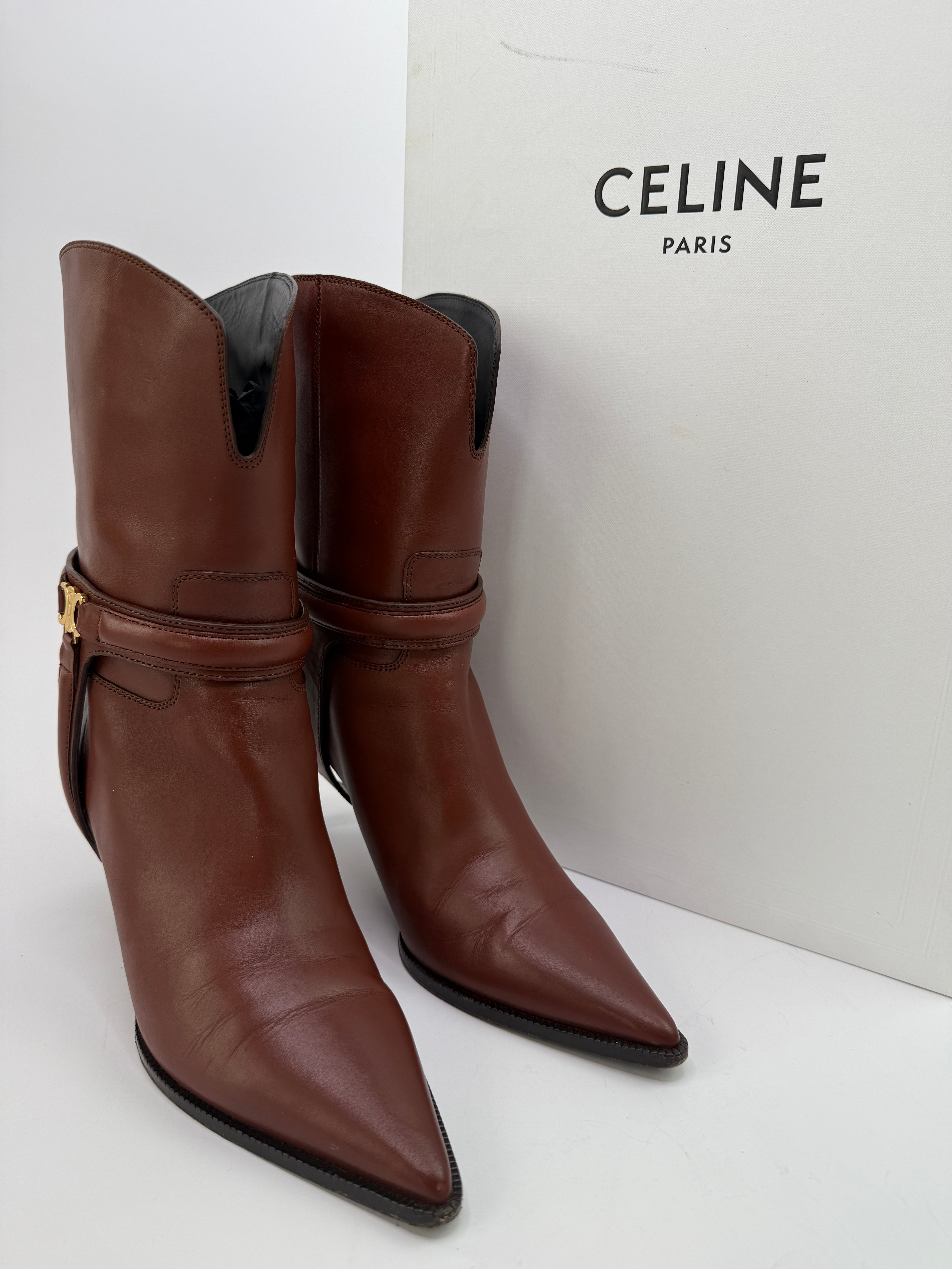 Celine Brown Triomphe Harness 80 Leather Boots (Size 41/UK8)
