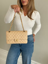 Chanel Medium Classic Double Flap Beige Caviar Leather With GHW