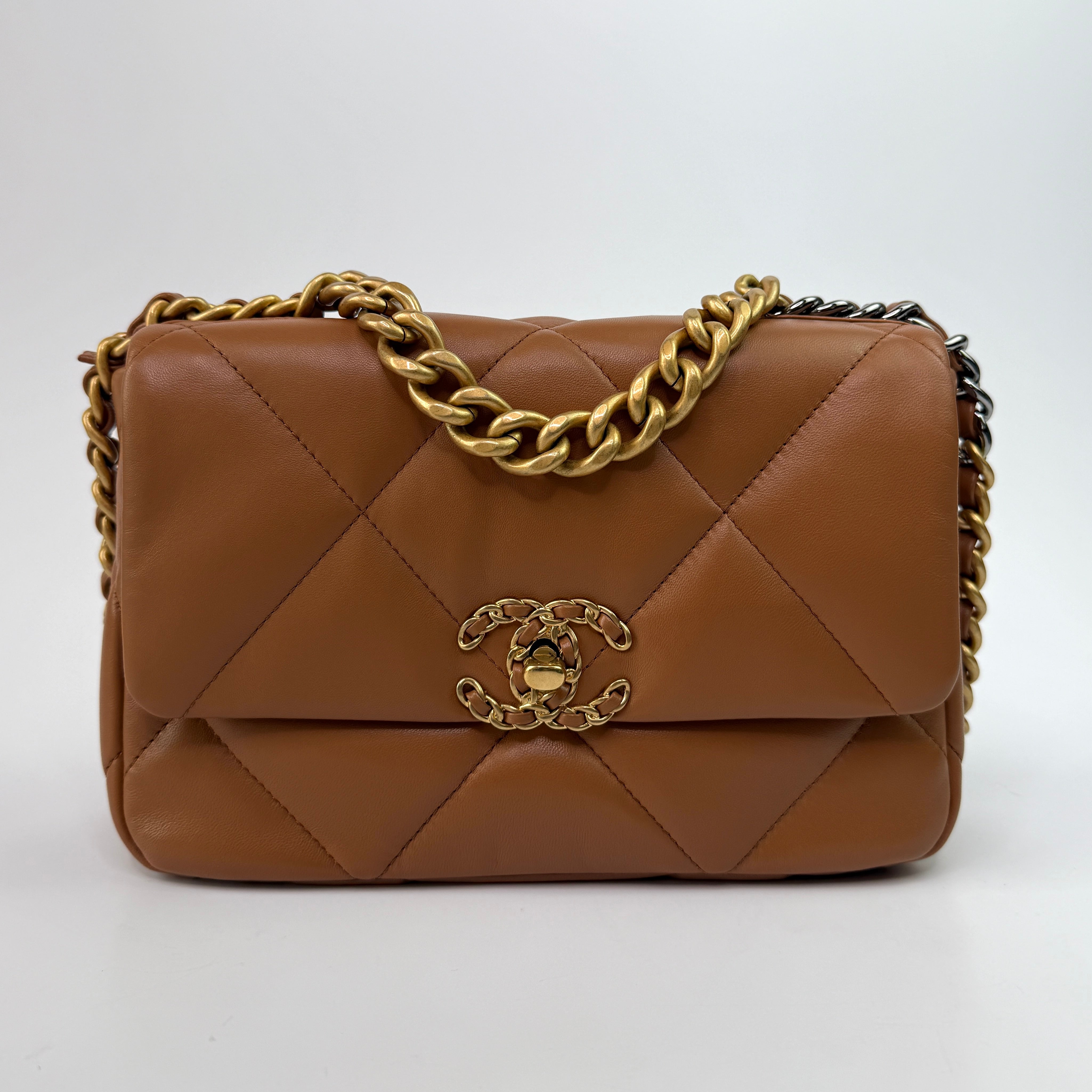 Chanel 19 Small Flap Bag In Camel Lambskin Leather