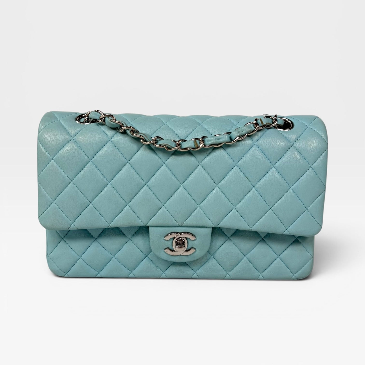 Chanel Medium Double Classic Flap Light Blue Silver Hardware. Authentic and preloved in good condition.