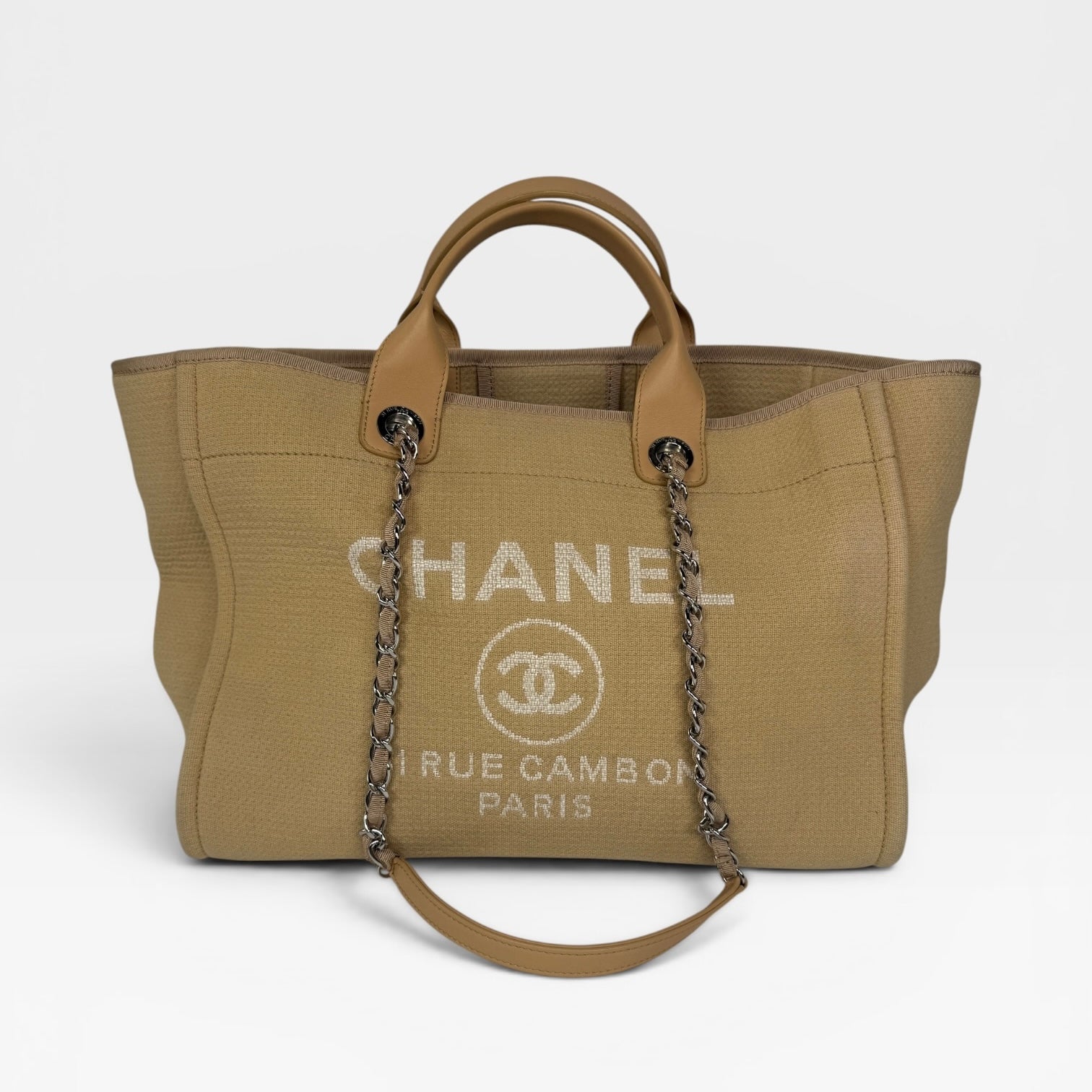 Chanel Large Deauville Tote Bag In Beige With Silver Hardware