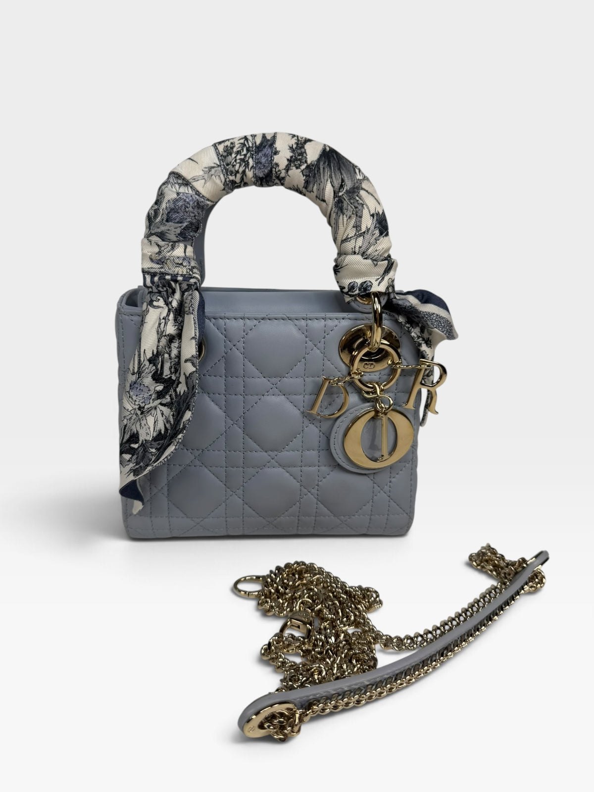 Christian Dior Mini Lady Dior In Pale Blue Cannage Leather With Pale Gold Hardware. 100% Authentic and Preloved in excellent condition. 100% Guarantee