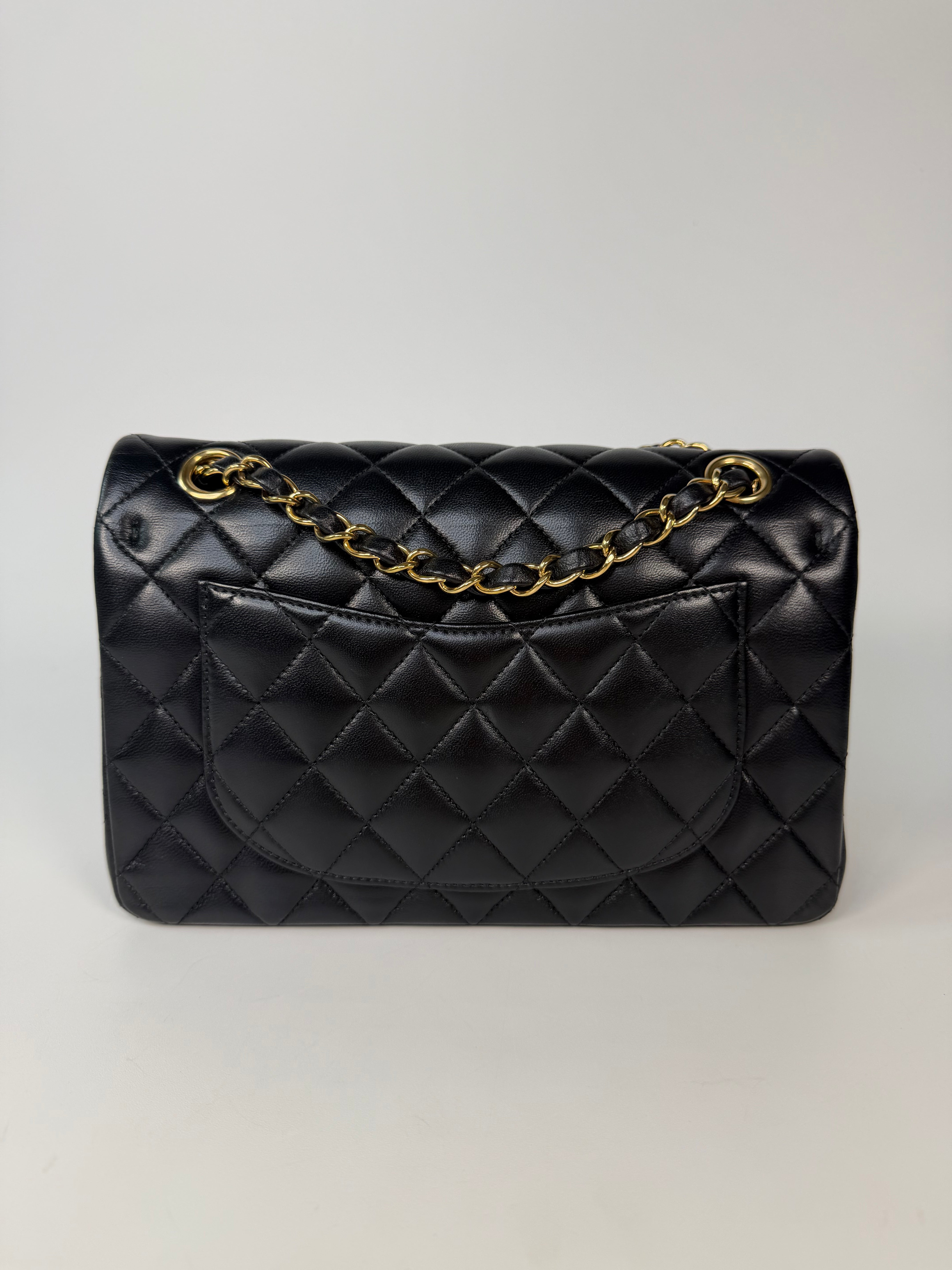 Chanel Small Classic Double Flap In Black Lambskin Leather With Gold Hardware in excellent condition 100% authentic and preloved