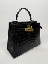 Hermès Vintage Kelly 28 In Shiny Black Crocodile With GHW