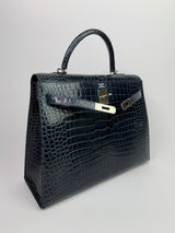 Hermès Kelly 35 In Bleu Crocodile Porosus Lisse With PHW