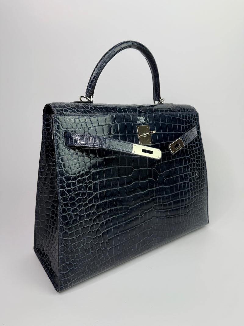 Hermès Kelly 35 In Bleu Crocodile Porosus Lisse With PHW