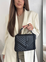 Saint Laurent Black Matelassé Leather Medium College Top Handle Bag