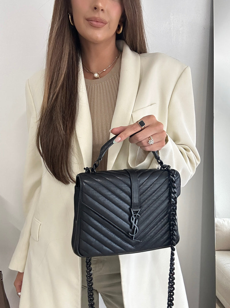 Saint Laurent Black Matelassé Leather Medium College Top Handle Bag