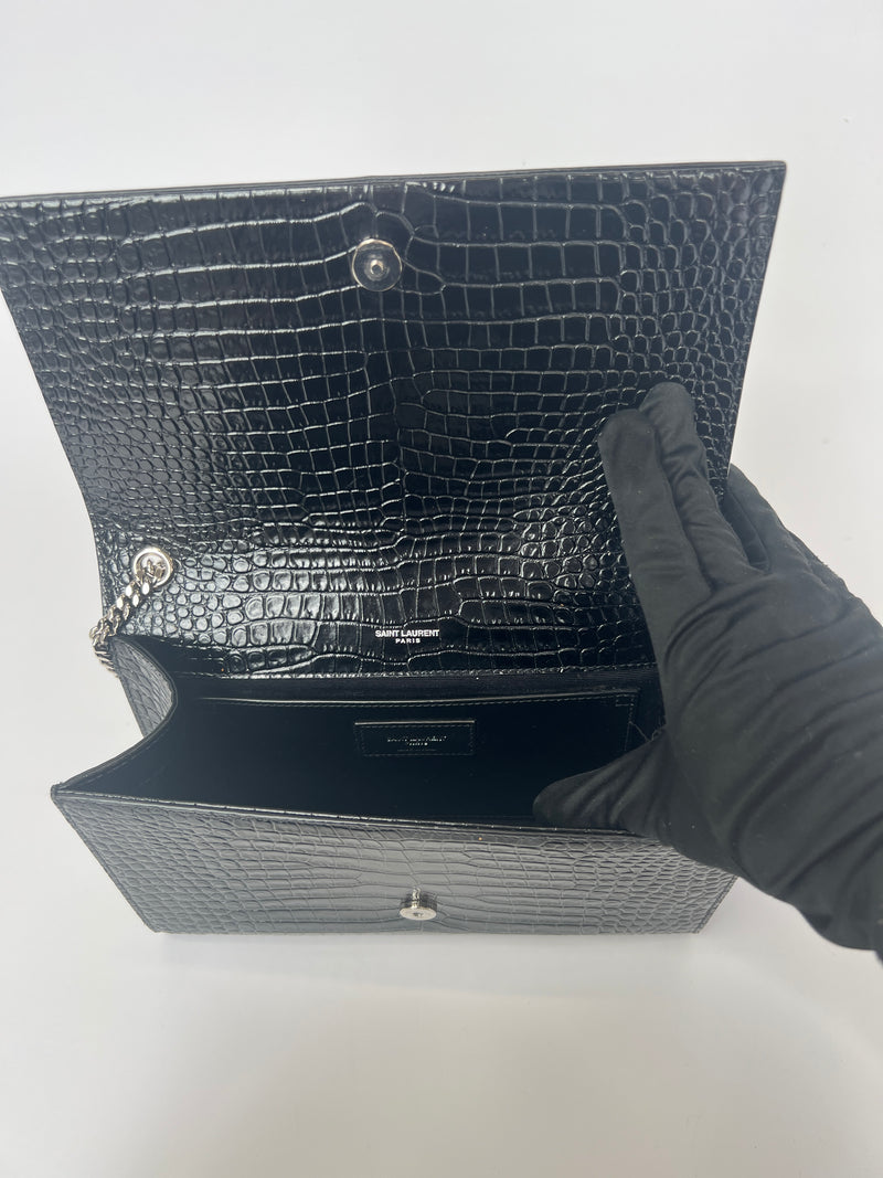 Saint Laurent Black Croc Embossed Kate Tassel Bag