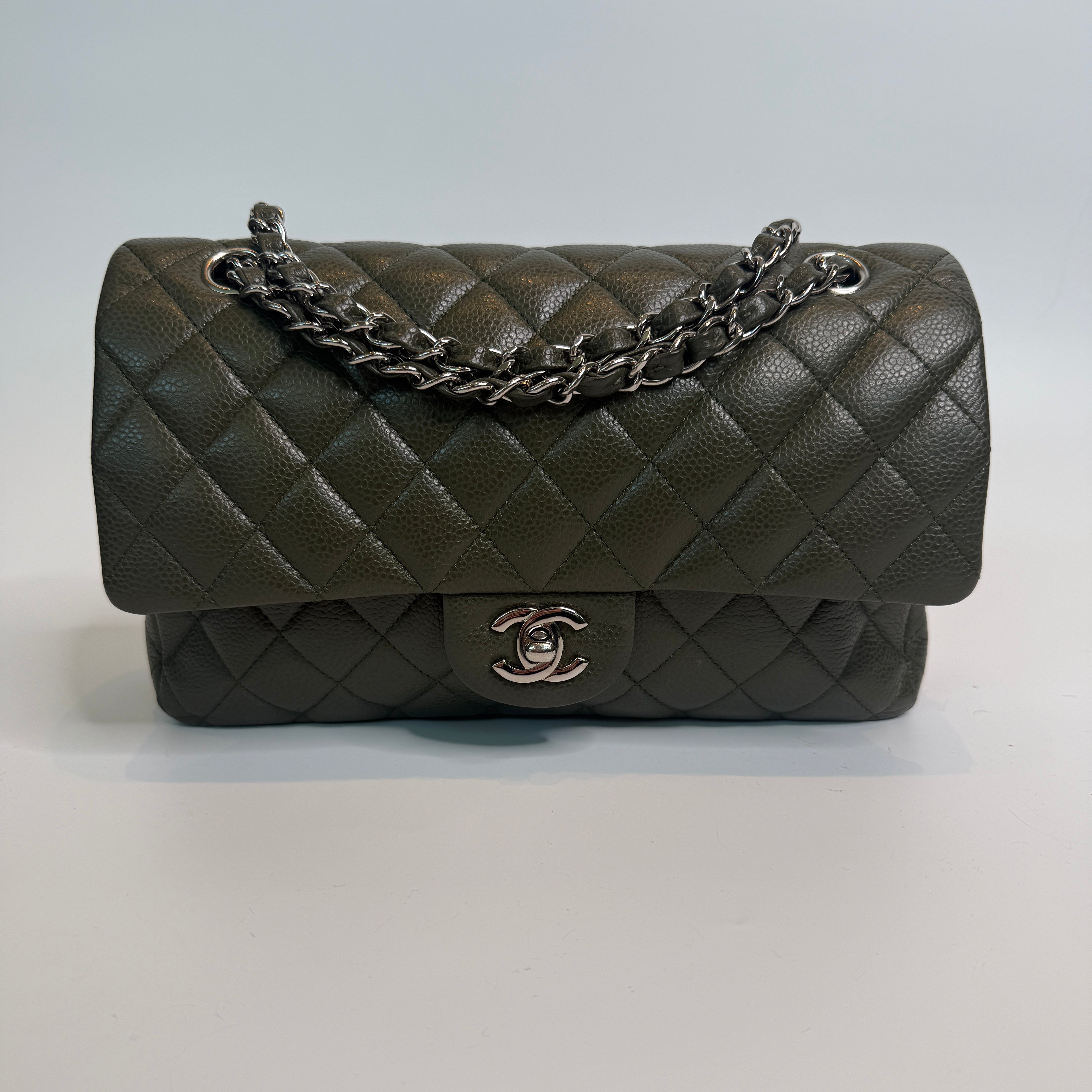 Authentic Pre Loved Chanel Medium Classic Double Flap Green Caviar Leather With silver hardware