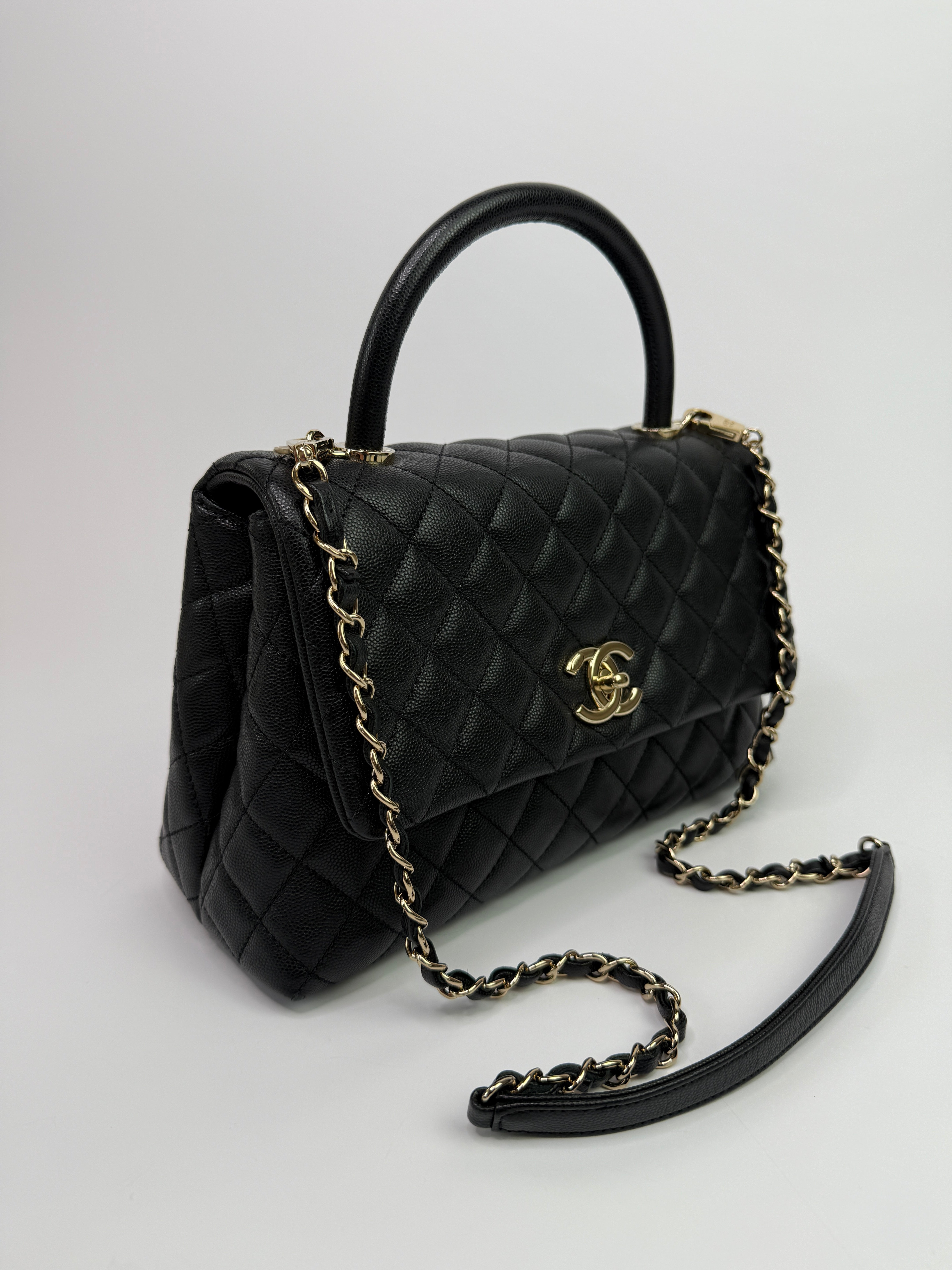 Chanel Coco Medium Top Handle In Black Caviar Leather With PGHW